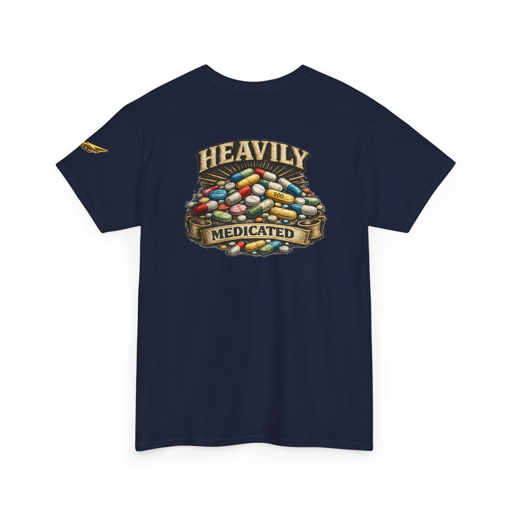 Heavily Medicated Tee — Graphic Pill Pile Back Print T‑Shirt