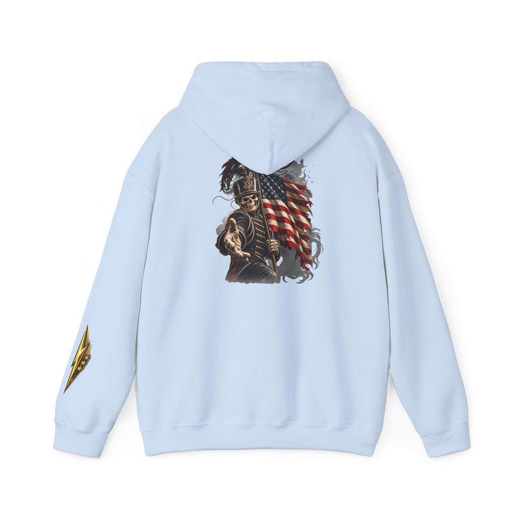 Patriotic Warrior Hoodie — American Flag Skull Back Graphic