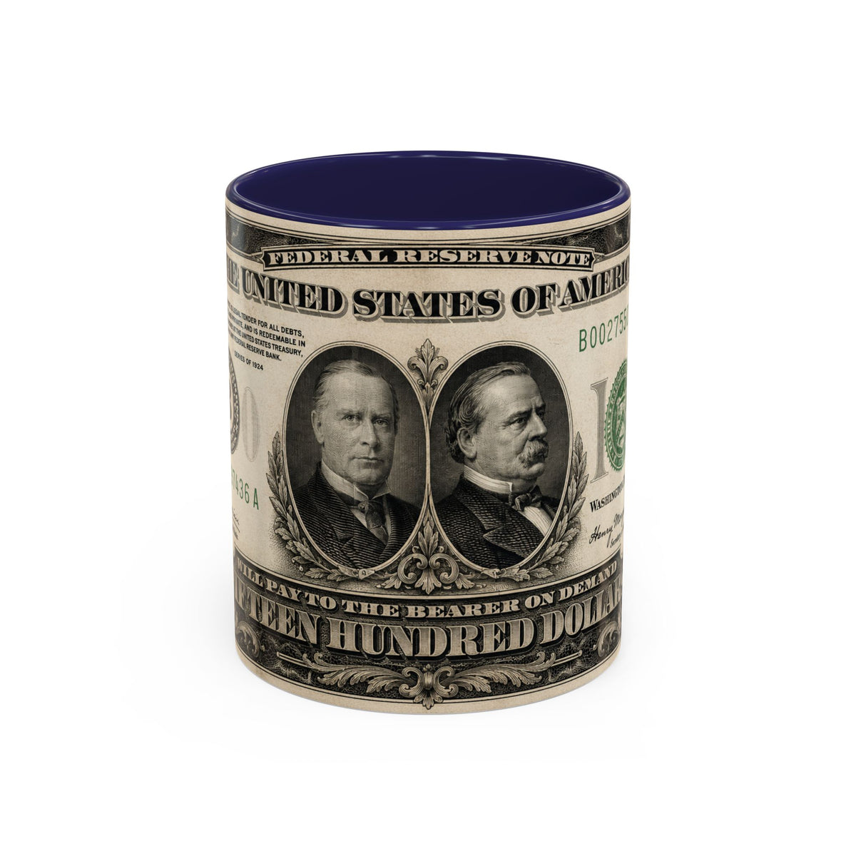 Money Print Coffee Mug — Vintage 1000 & 500 Note Accent Mug