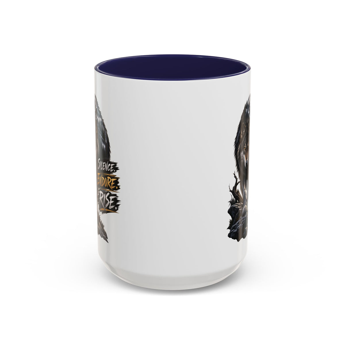 Wolf Graphic Coffee Mug — "Silence Endure Rise" Accent Ceramic Mug (11/15oz)