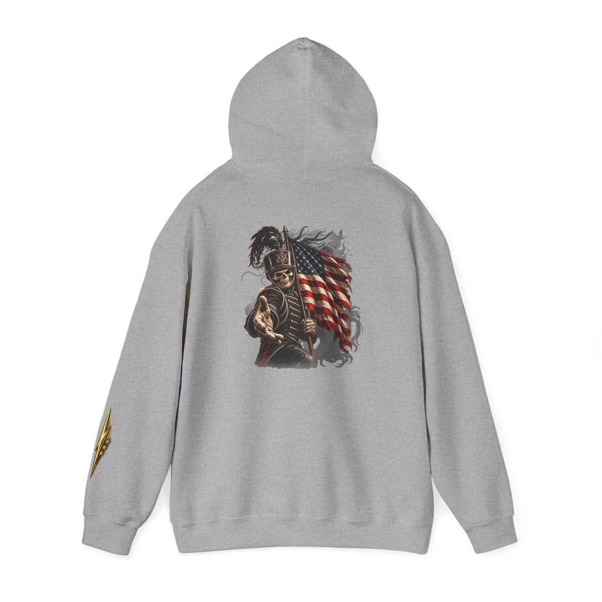 Patriotic Warrior Hoodie — American Flag Skull Back Graphic