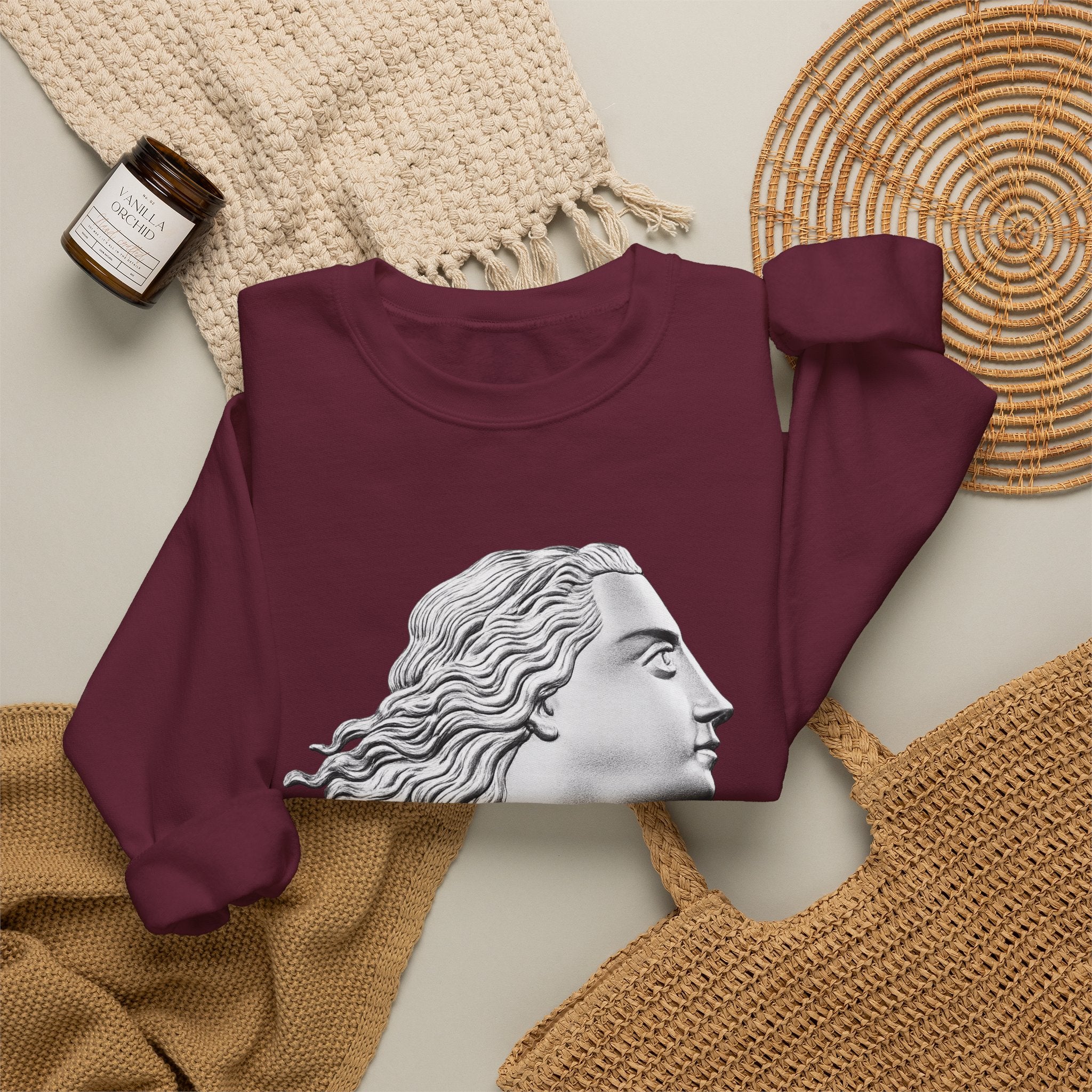 Classical Statue Profile Crewneck Sweatshirt — Sculpted Grecian Head Graphic