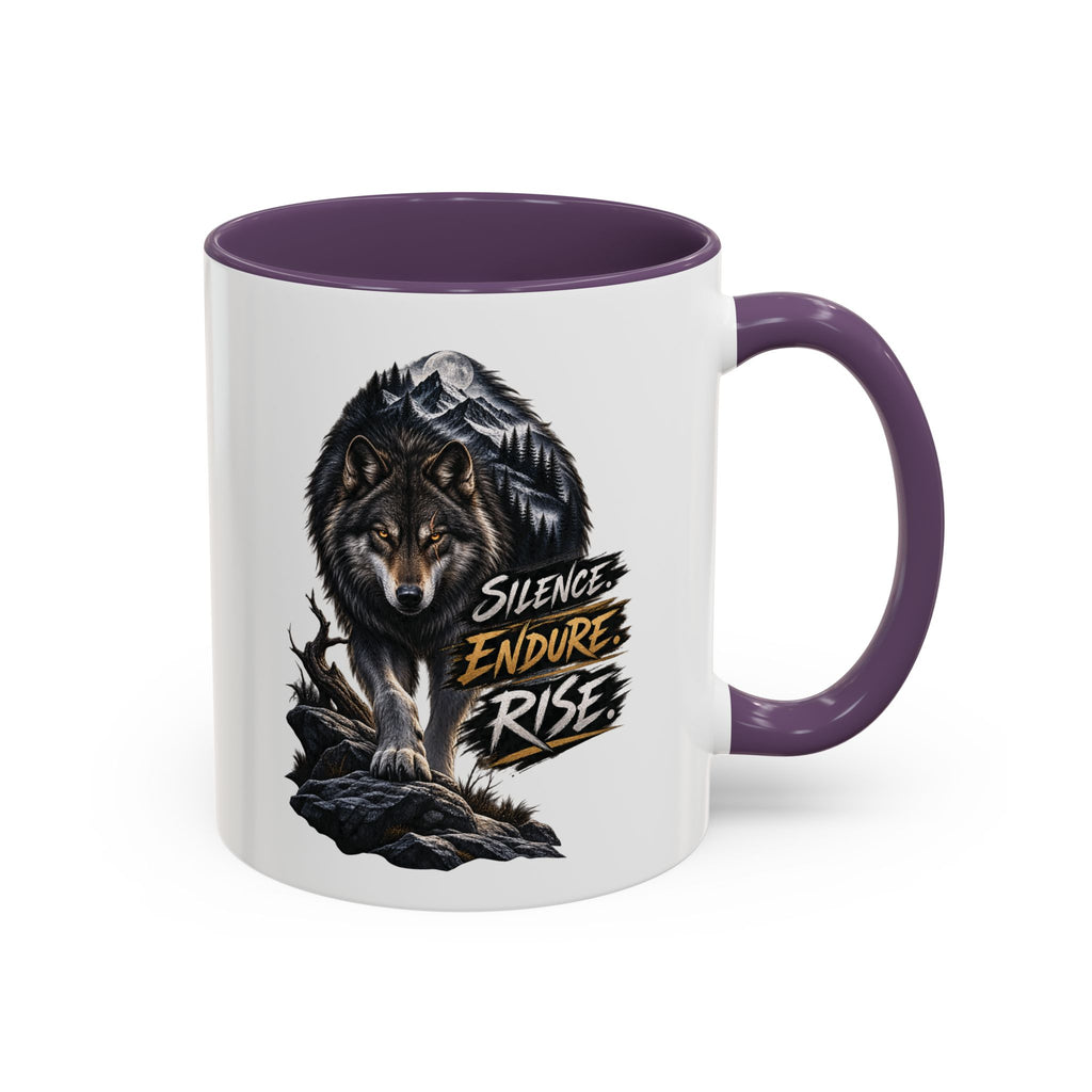Wolf Graphic Coffee Mug — "Silence Endure Rise" Accent Ceramic Mug (11/15oz)