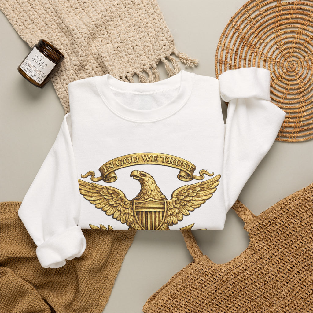 Gold Eagle Emblem Sweatshirt — ‘About We Trust’ Vintage Patriotic Crewneck