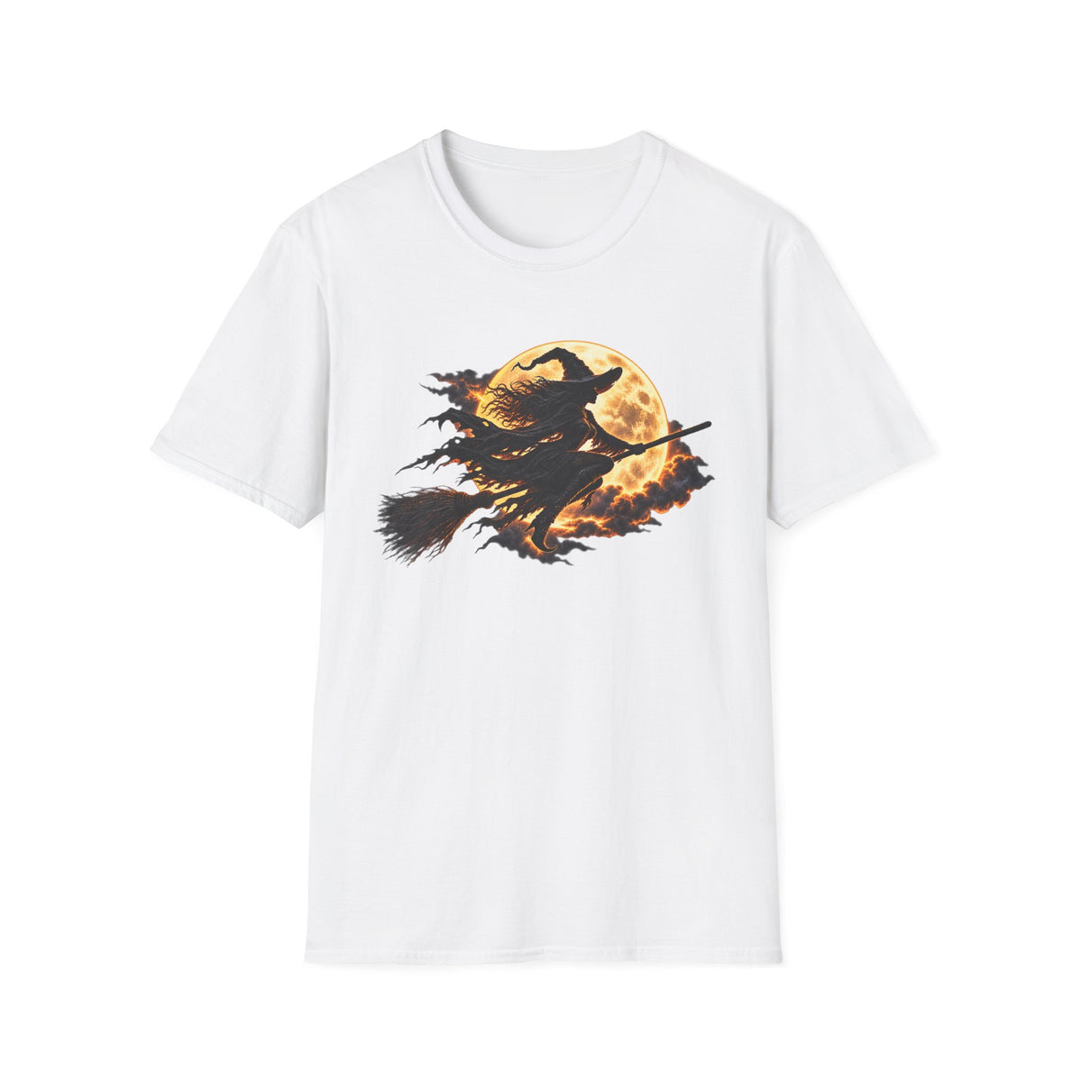 Witch Silhouette T-Shirt — Flying Witch & Full Moon Halloween Tee