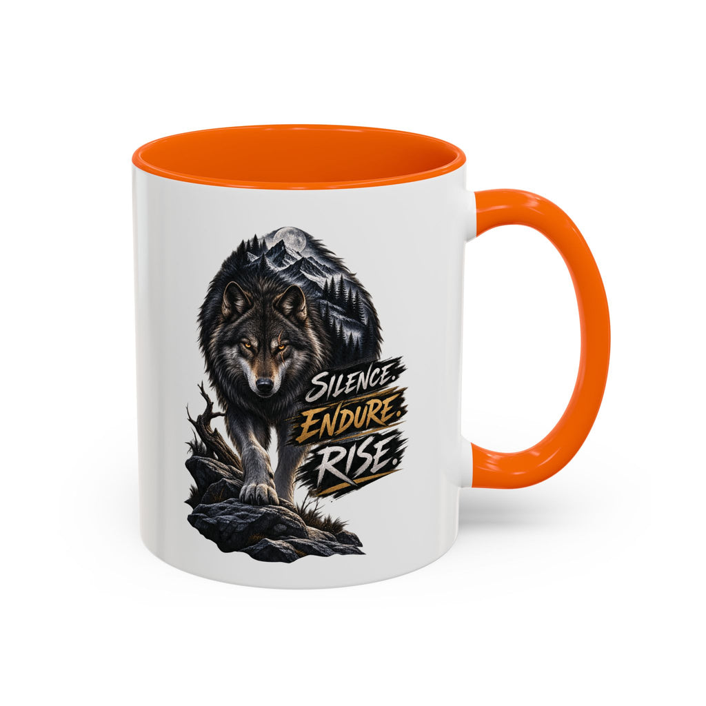 Wolf Graphic Coffee Mug — "Silence Endure Rise" Accent Ceramic Mug (11/15oz)