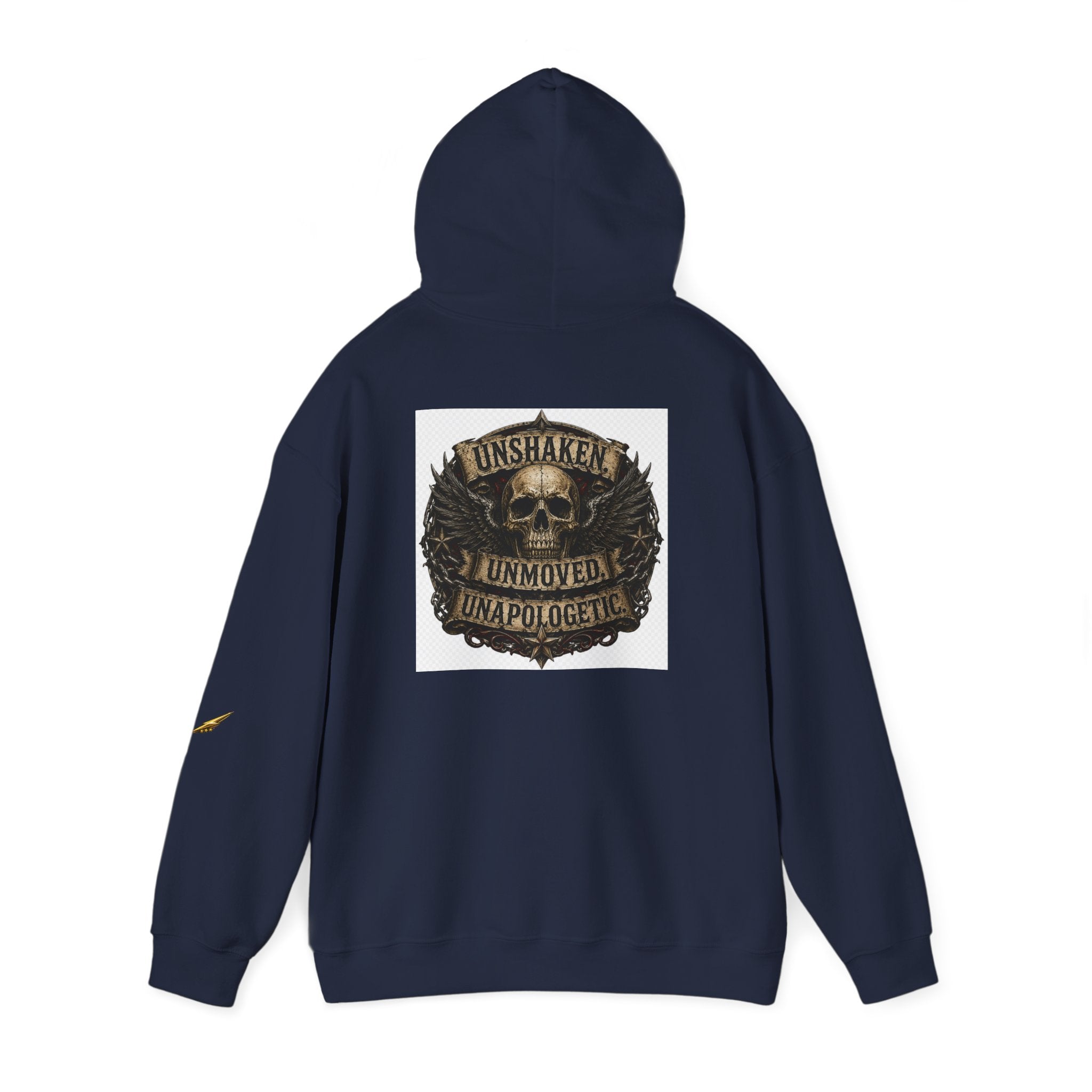 Hoodie — "Unshaken, Unmoved, Unapologetic" Skull Crest Back Print