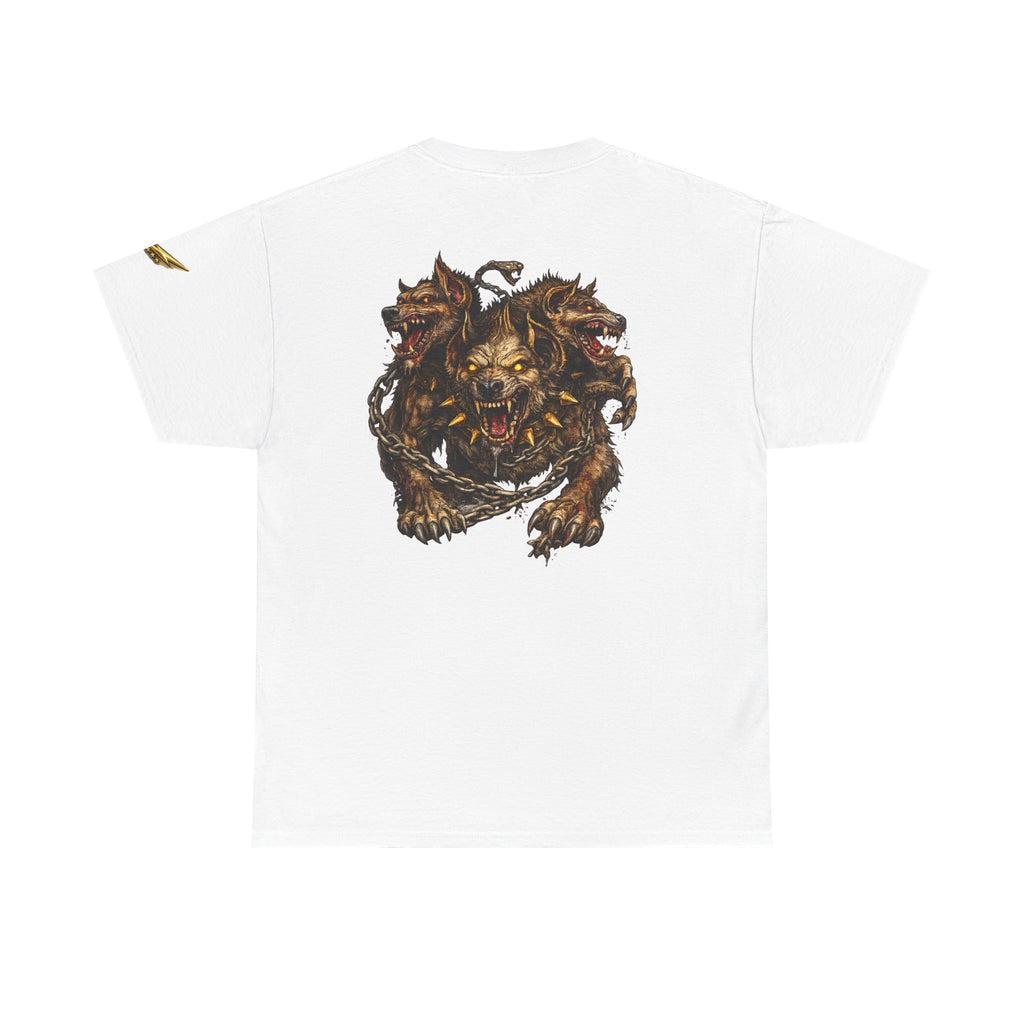 Three-Headed Hellhound Graphic Tee — Mythic Wolf Monster Back Print
