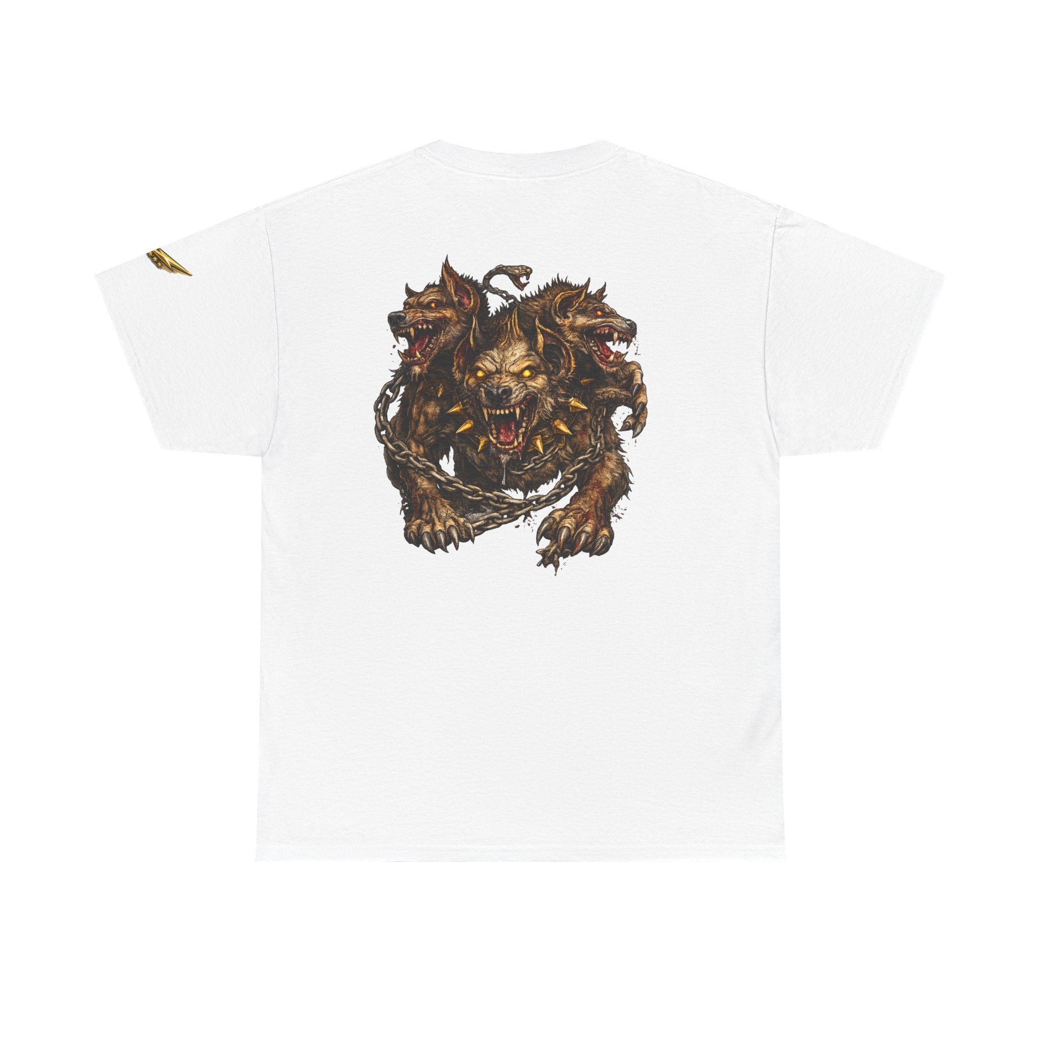Three-Headed Hellhound Graphic Tee — Mythic Wolf Monster Back Print