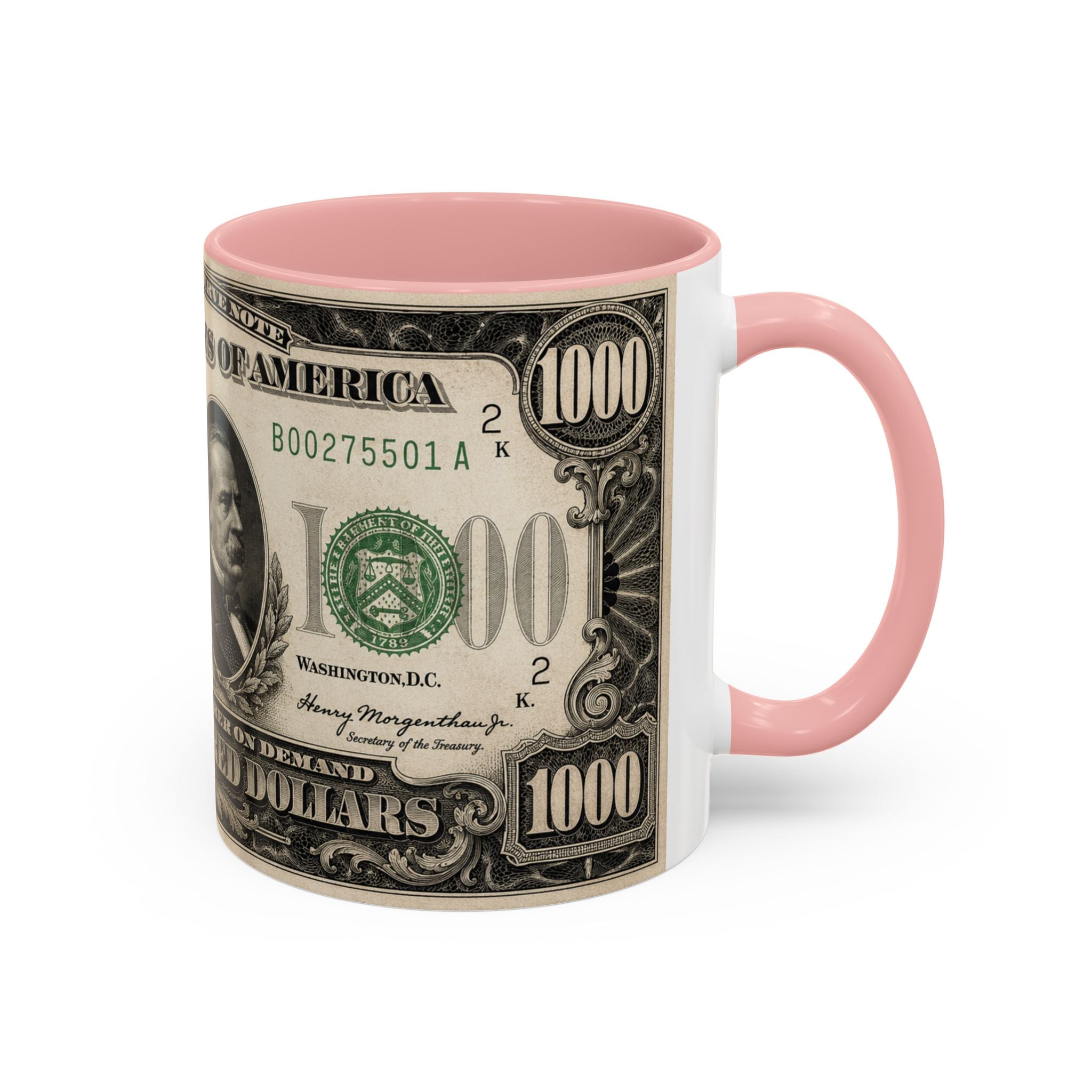 Money Print Coffee Mug — Vintage 1000 & 500 Note Accent Mug