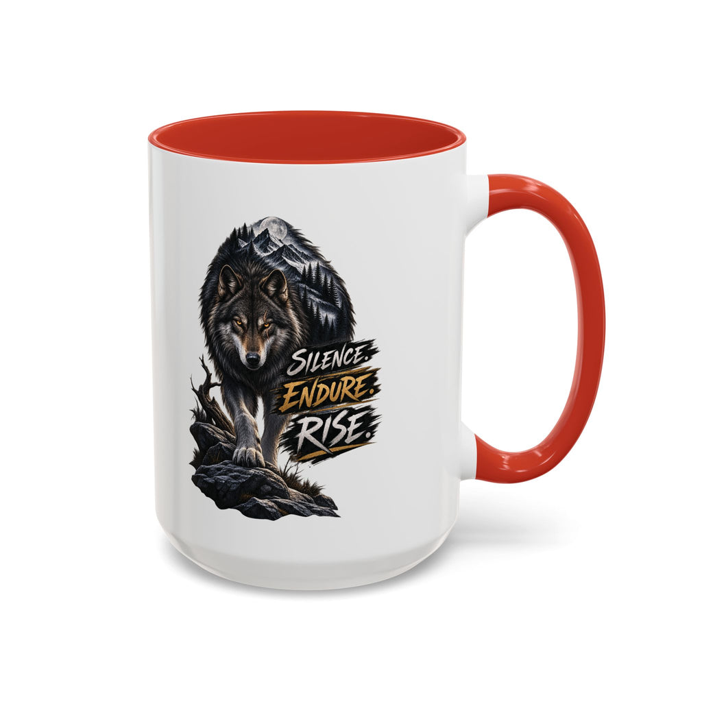 Wolf Graphic Coffee Mug — "Silence Endure Rise" Accent Ceramic Mug (11/15oz)