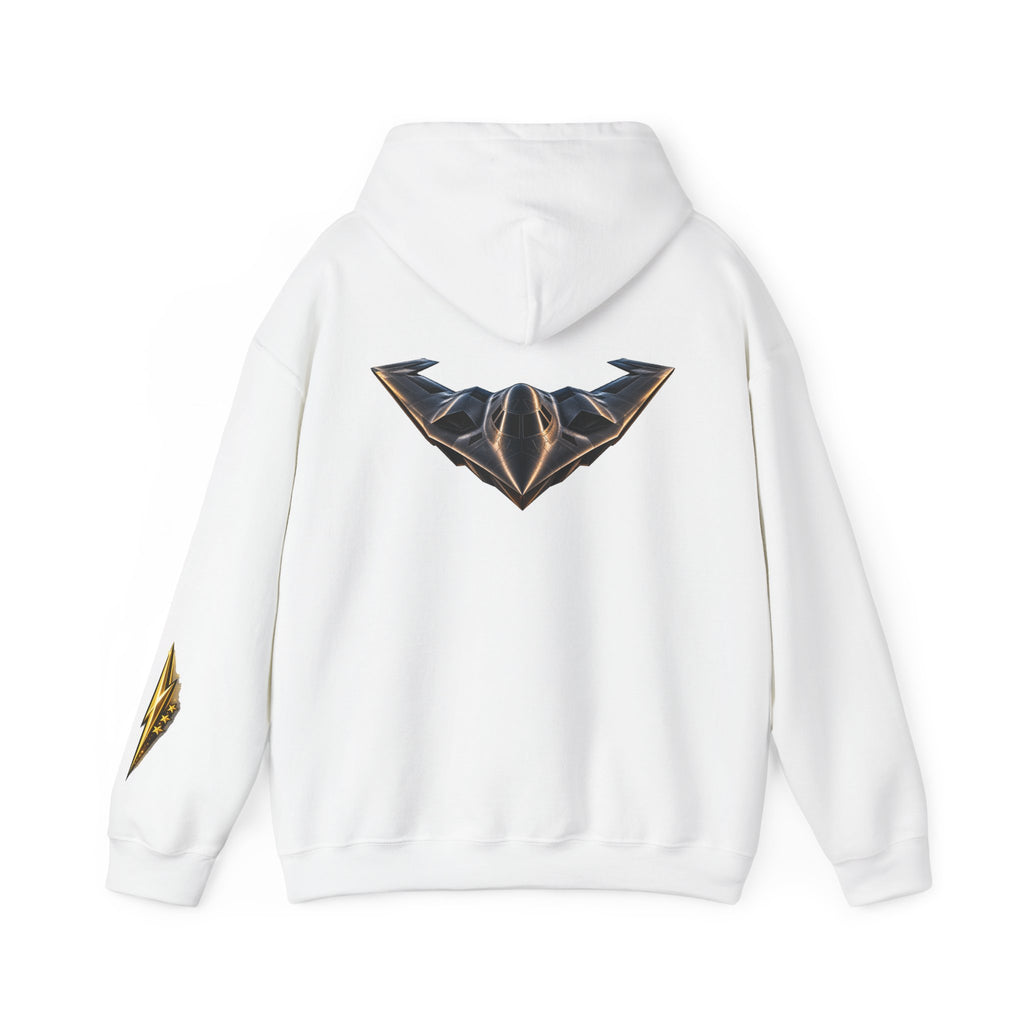 Emblem Armor Hoodie — Black Metallic Crest Back Jet Graphic Hoodie