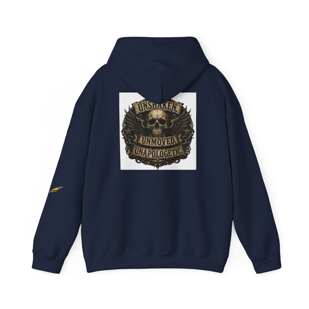 Hoodie — "Unshaken, Unmoved, Unapologetic" Skull Crest Back Print