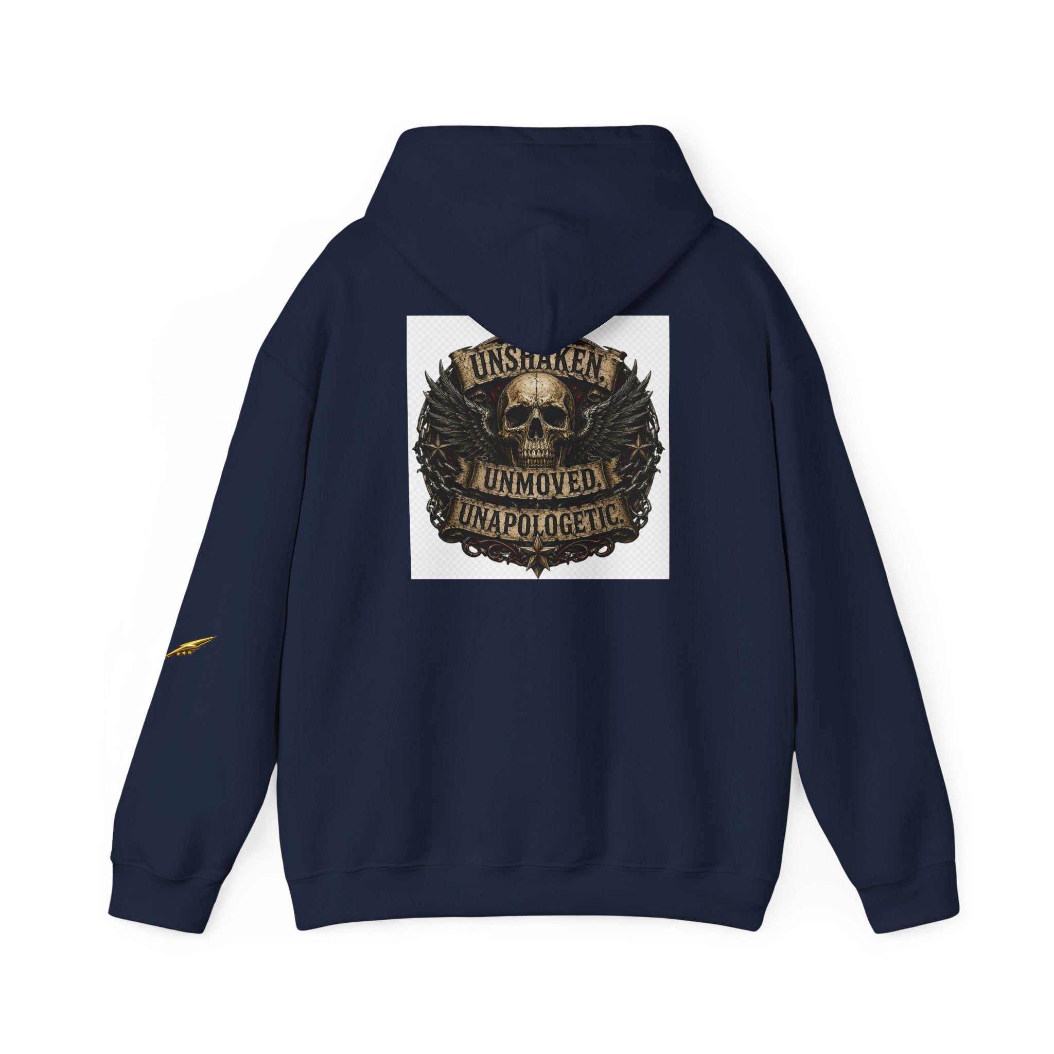 Hoodie — "Unshaken, Unmoved, Unapologetic" Skull Crest Back Print