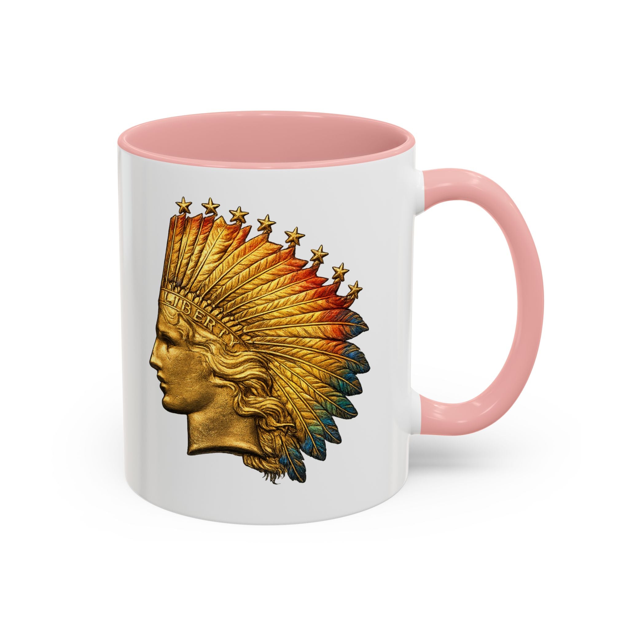 Golden Native Headdress Accent Coffee Mug – Vintage Indian Chief Design (11/15oz)