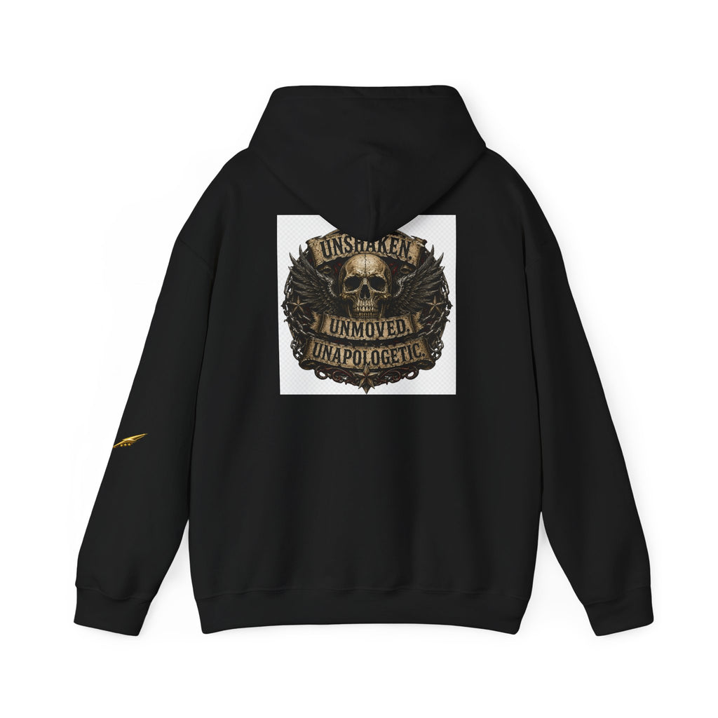 Hoodie — "Unshaken, Unmoved, Unapologetic" Skull Crest Back Print
