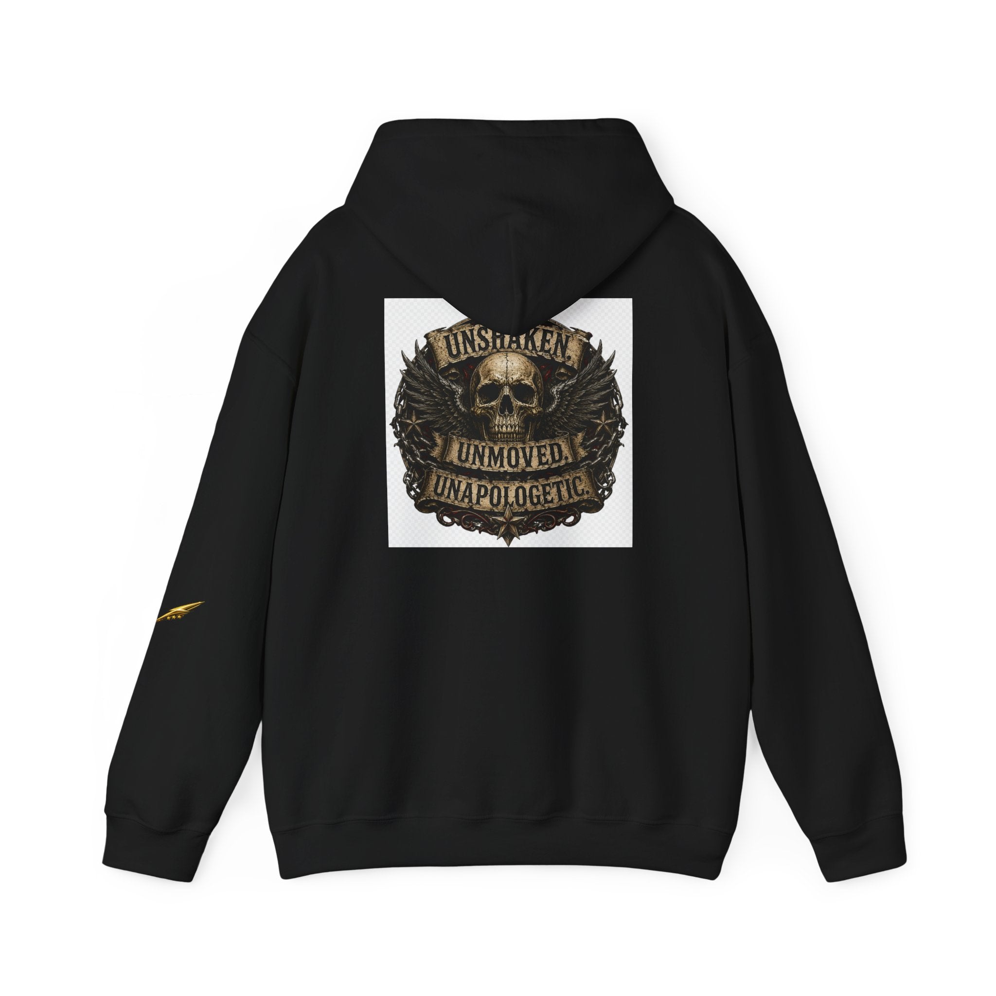Hoodie — "Unshaken, Unmoved, Unapologetic" Skull Crest Back Print