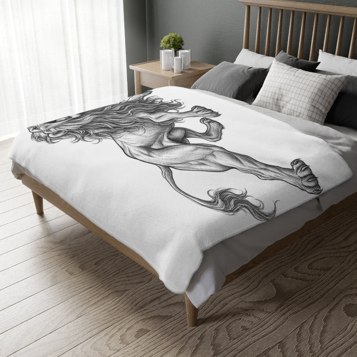Lion Illustration Microfiber Blanket — Roaring Vintage Sketch Design