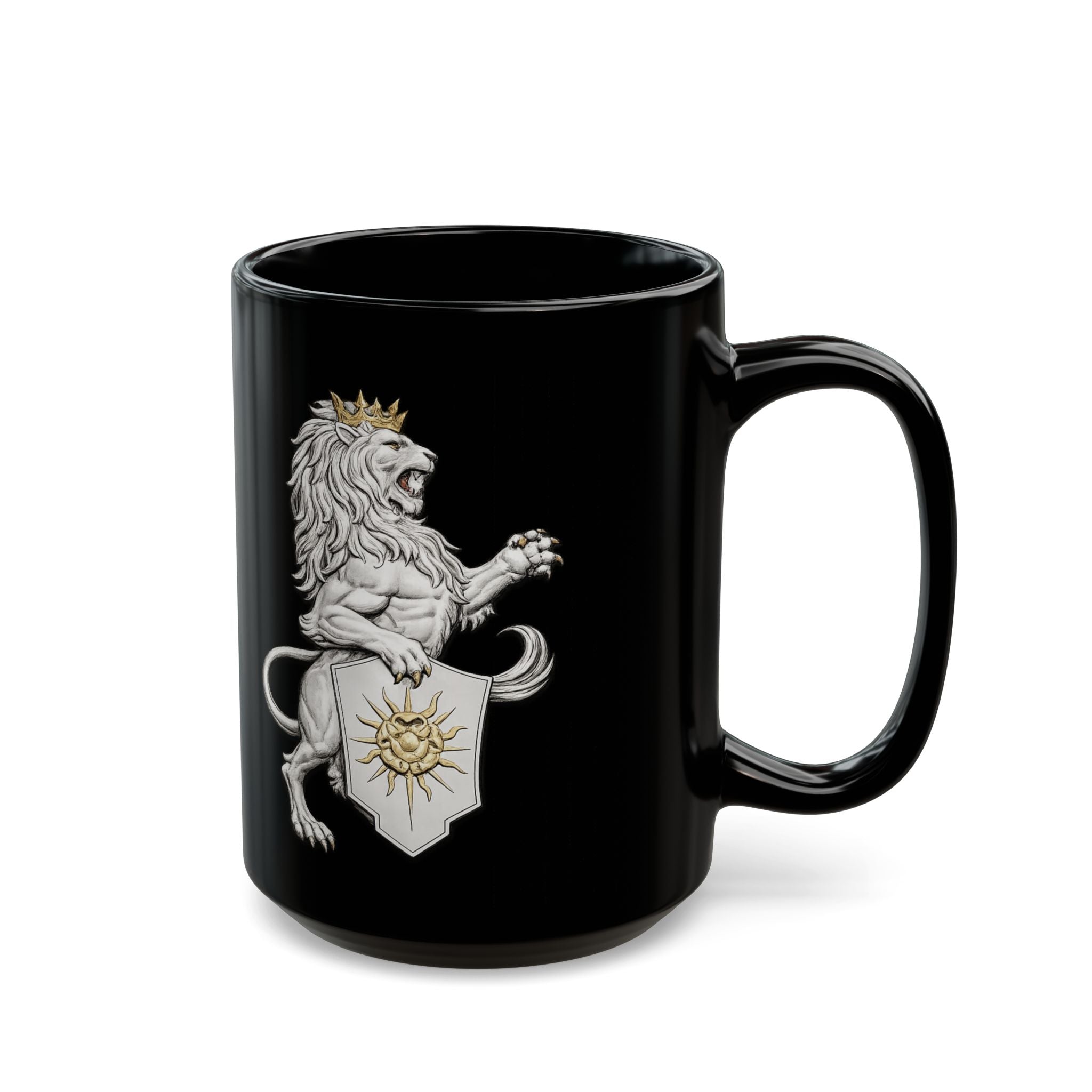 Copy of Regal Lion Crest Black Mug – Crowned Lion with Sun Shield, Medieval Heraldry Coffee Cup