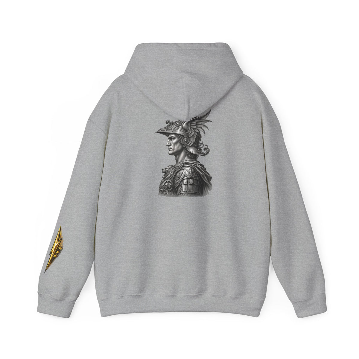 Roman Soldier Hoodie — Detailed Bust Illustration on Back, Gold Sleeve Emblem
