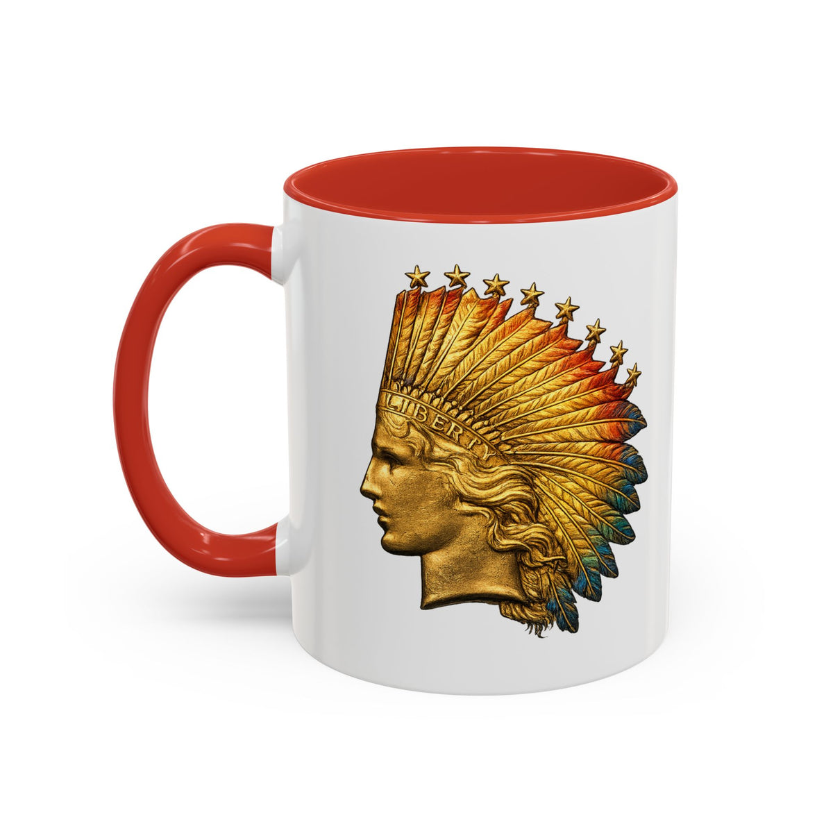Golden Native Headdress Accent Coffee Mug – Vintage Indian Chief Design (11/15oz)