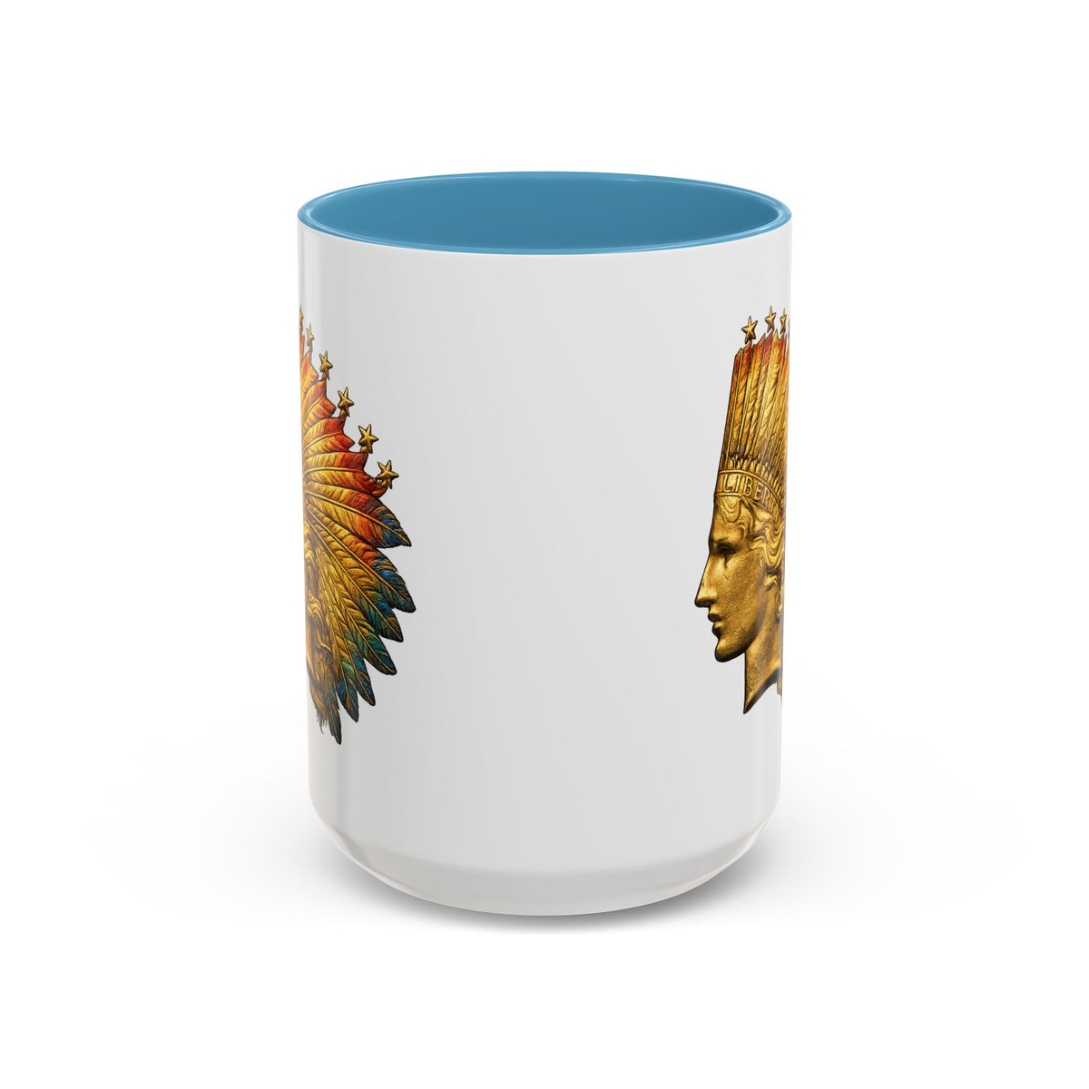 Golden Native Headdress Accent Coffee Mug – Vintage Indian Chief Design (11/15oz)