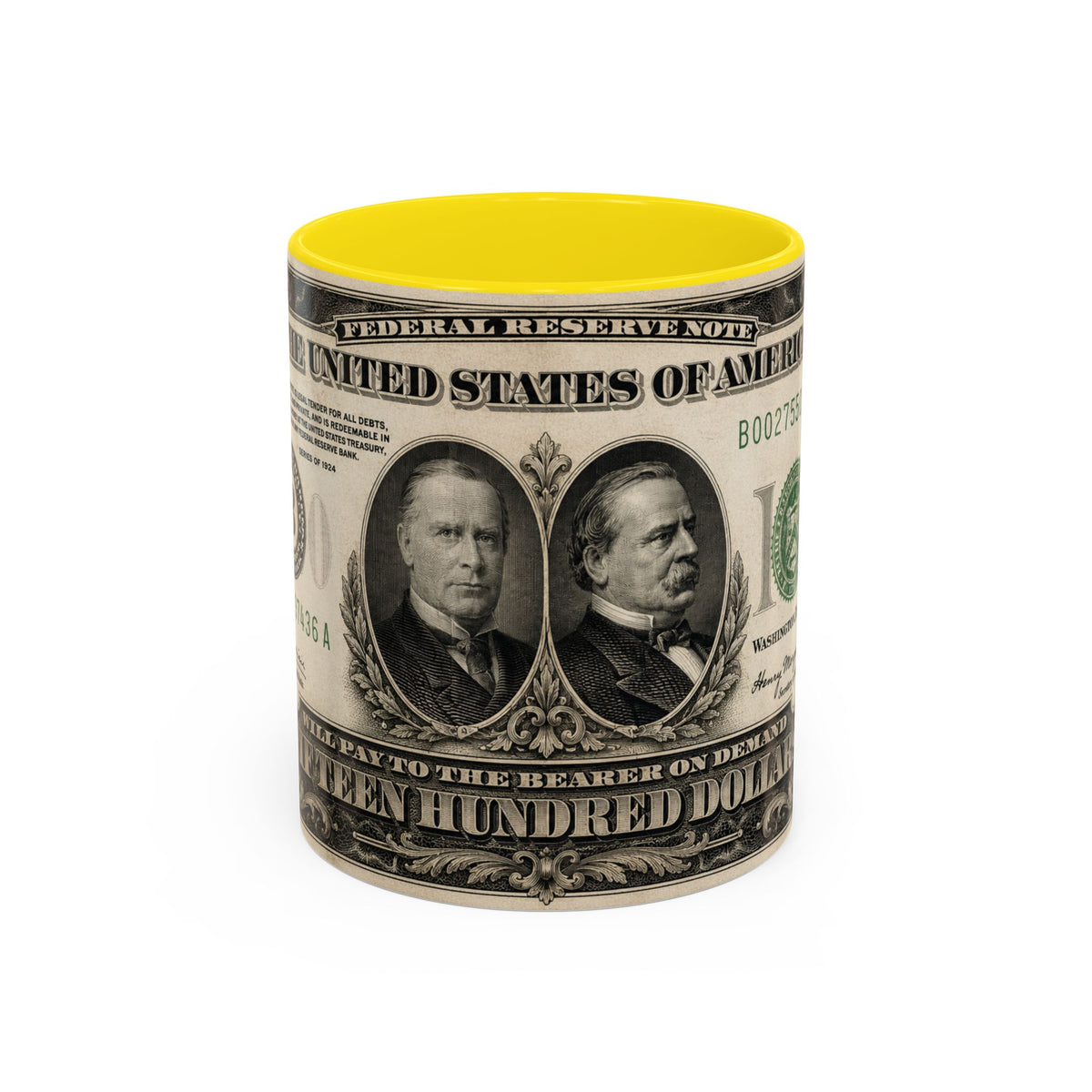 Money Print Coffee Mug — Vintage 1000 & 500 Note Accent Mug