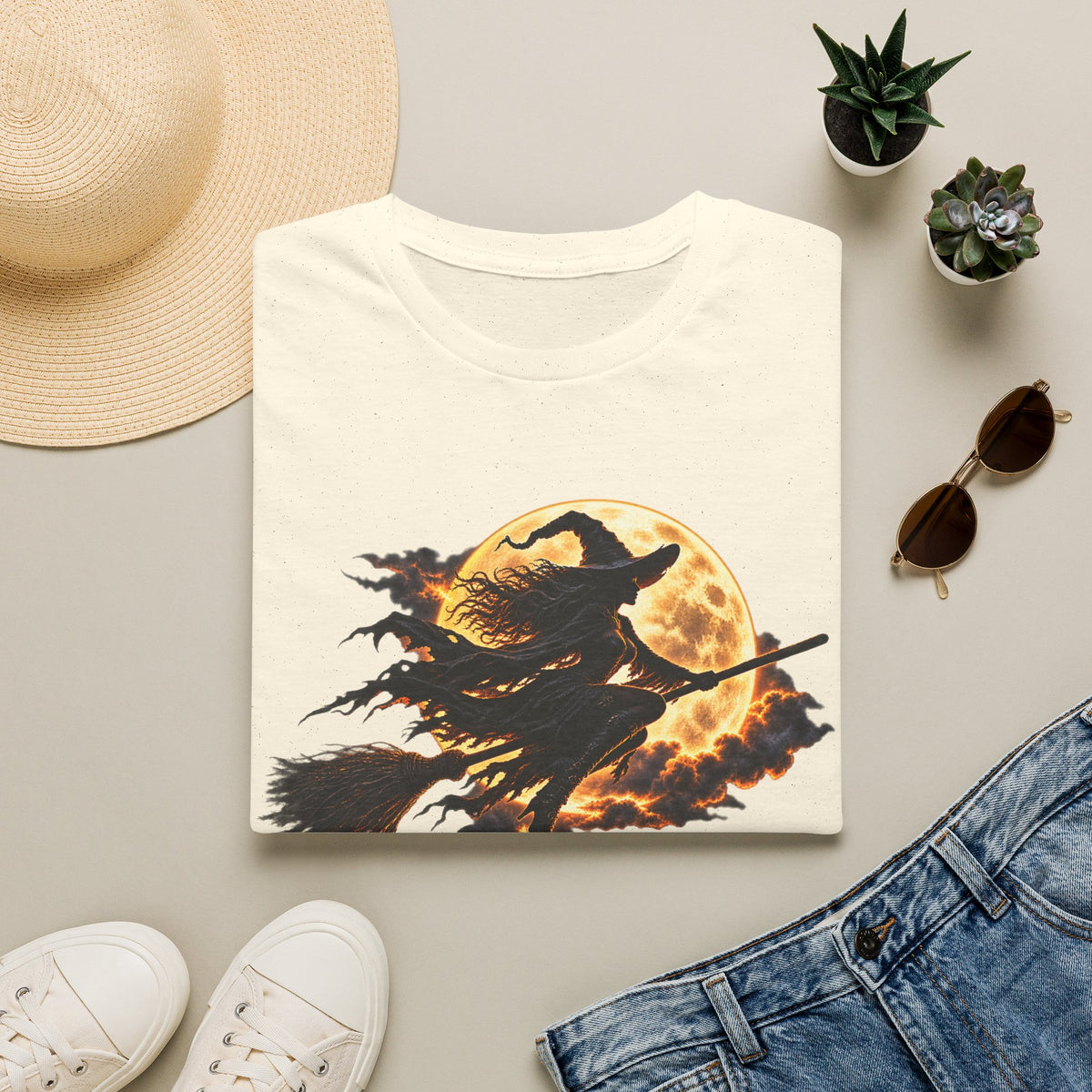 Witch Silhouette T-Shirt — Flying Witch & Full Moon Halloween Tee