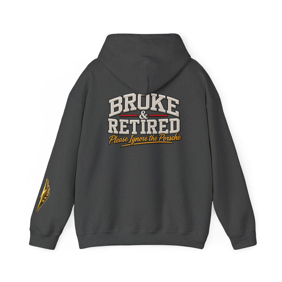Broke & Retired Hoodie — 'Please Ignore the Pockets' Graphic Sweatshirt