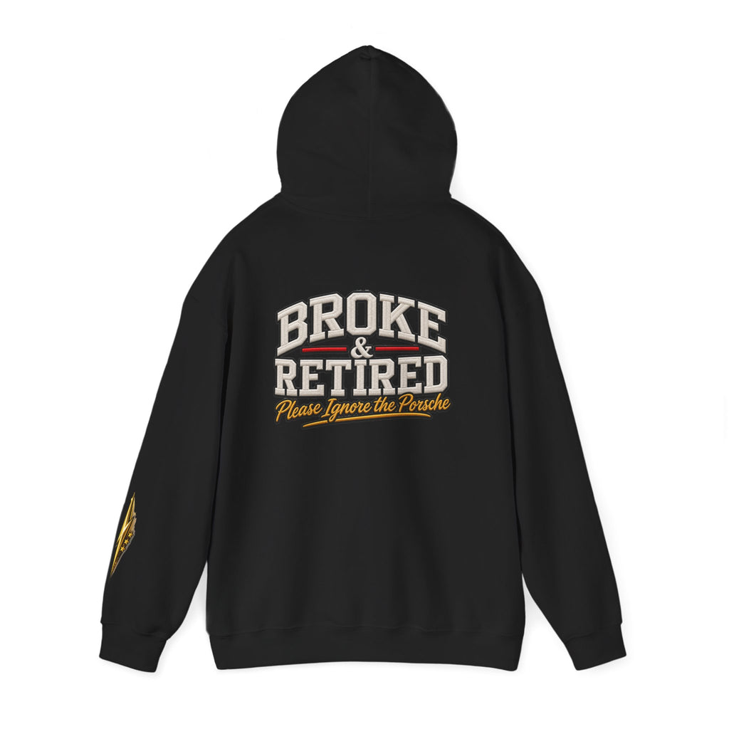 Broke & Retired Hoodie — 'Please Ignore the Pockets' Graphic Sweatshirt