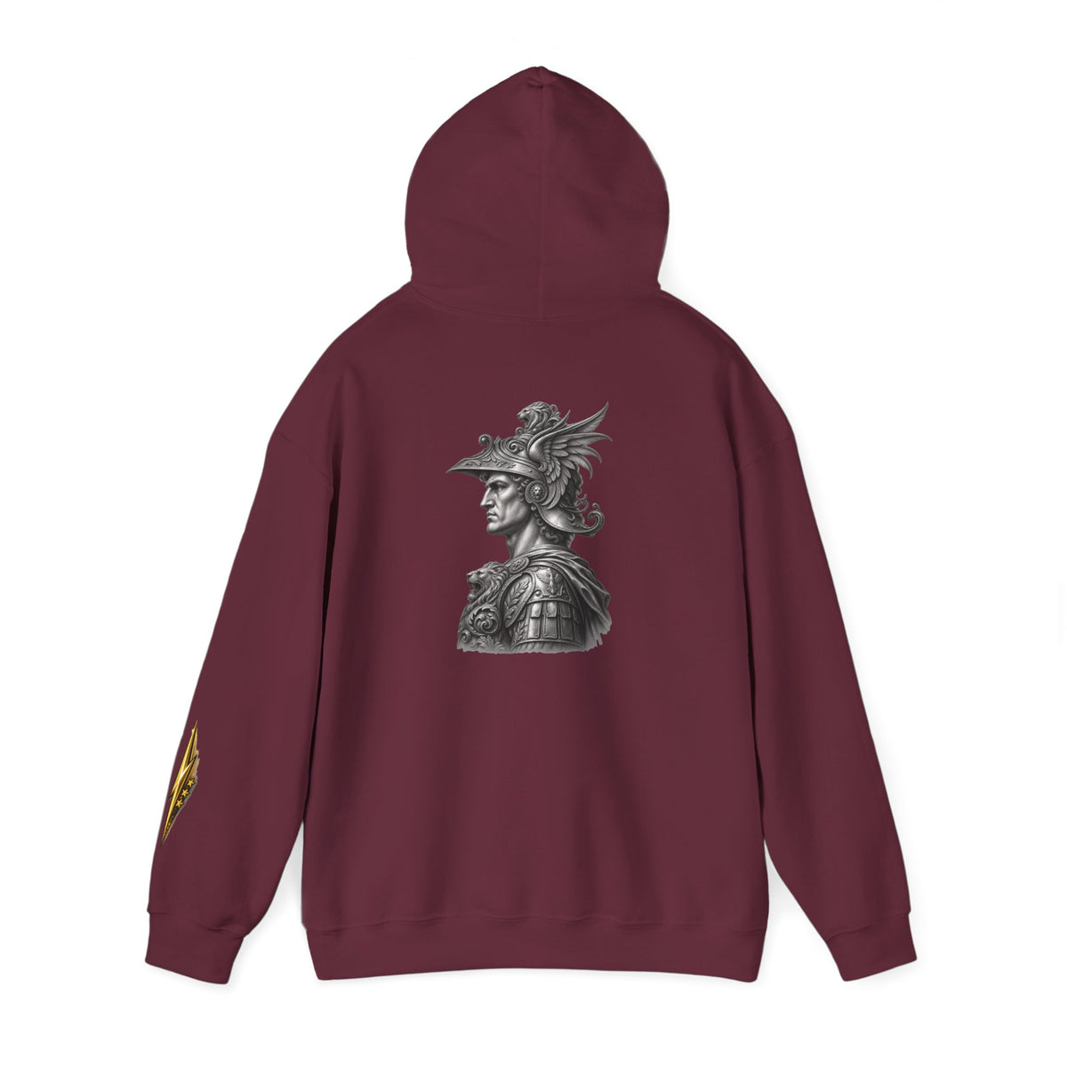 Roman Soldier Hoodie — Detailed Bust Illustration on Back, Gold Sleeve Emblem