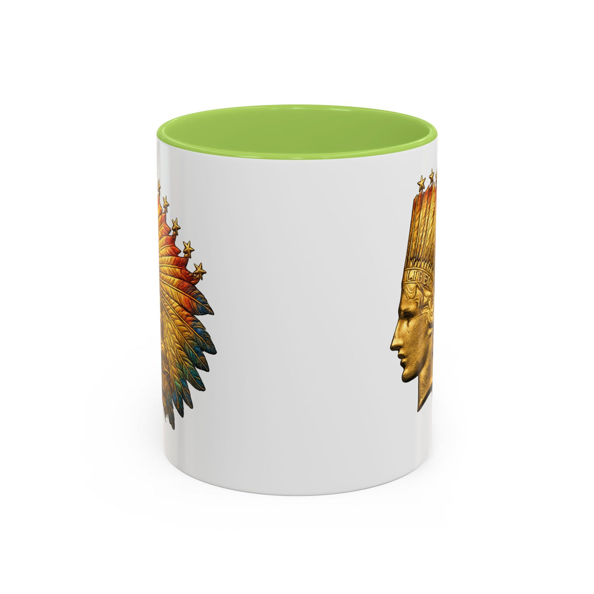 Golden Native Headdress Accent Coffee Mug – Vintage Indian Chief Design (11/15oz)