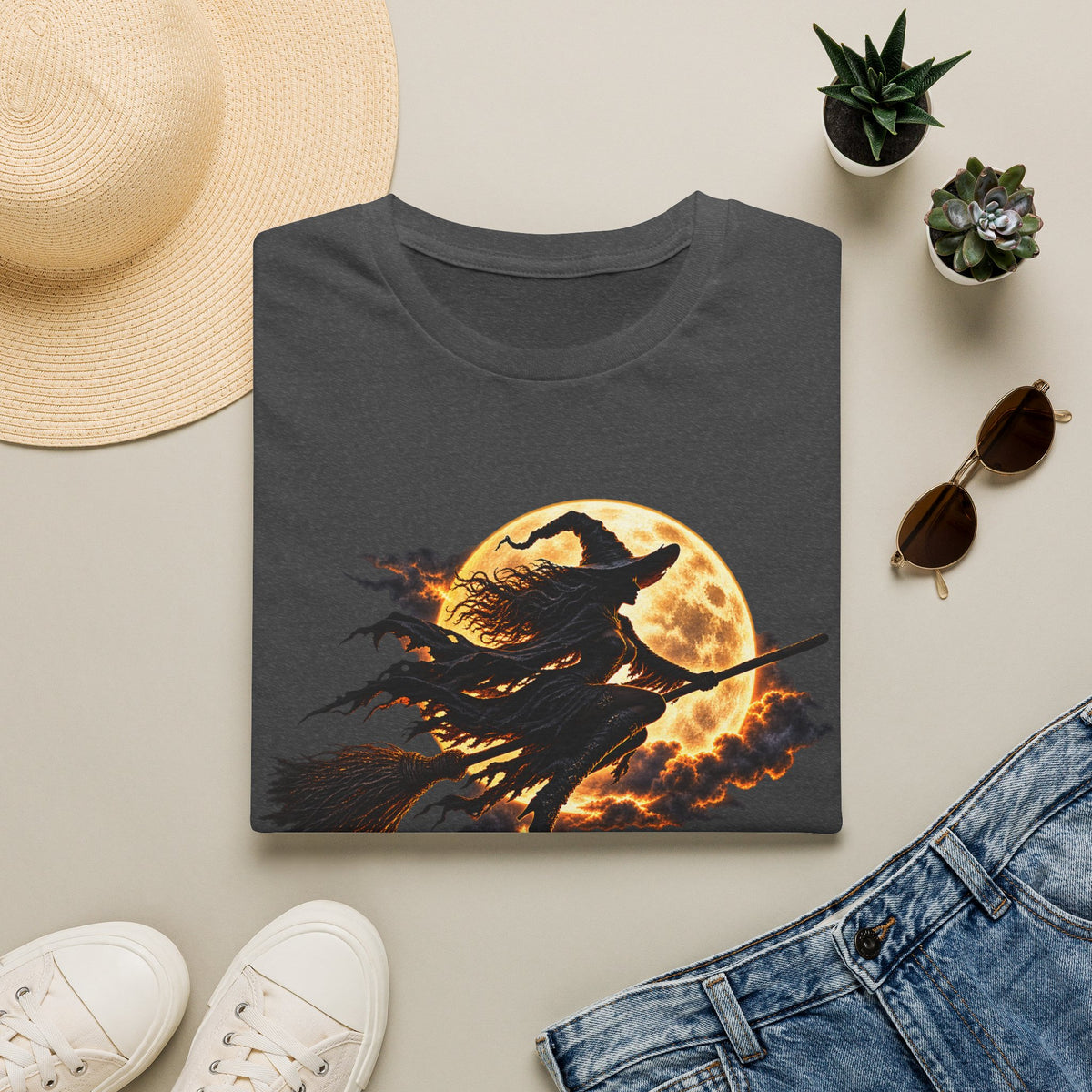 Witch Silhouette T-Shirt — Flying Witch & Full Moon Halloween Tee