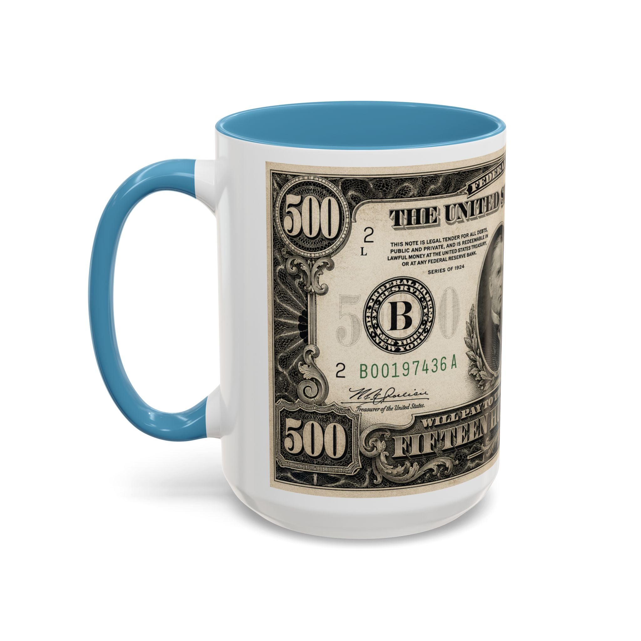 Money Print Coffee Mug — Vintage 1000 & 500 Note Accent Mug