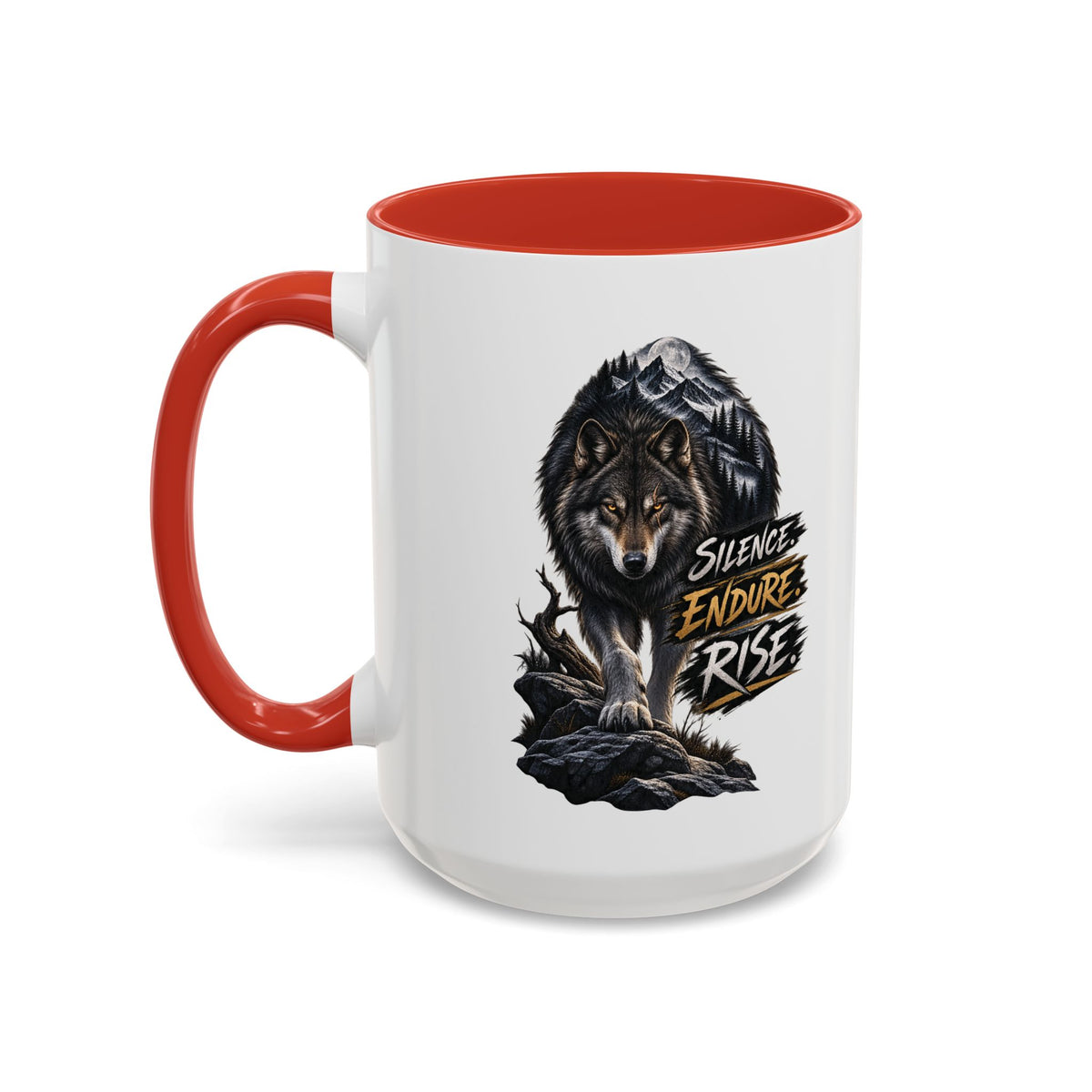 Wolf Graphic Coffee Mug — "Silence Endure Rise" Accent Ceramic Mug (11/15oz)