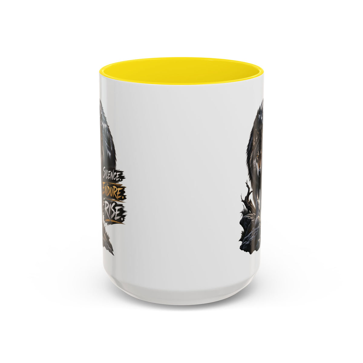 Wolf Graphic Coffee Mug — "Silence Endure Rise" Accent Ceramic Mug (11/15oz)