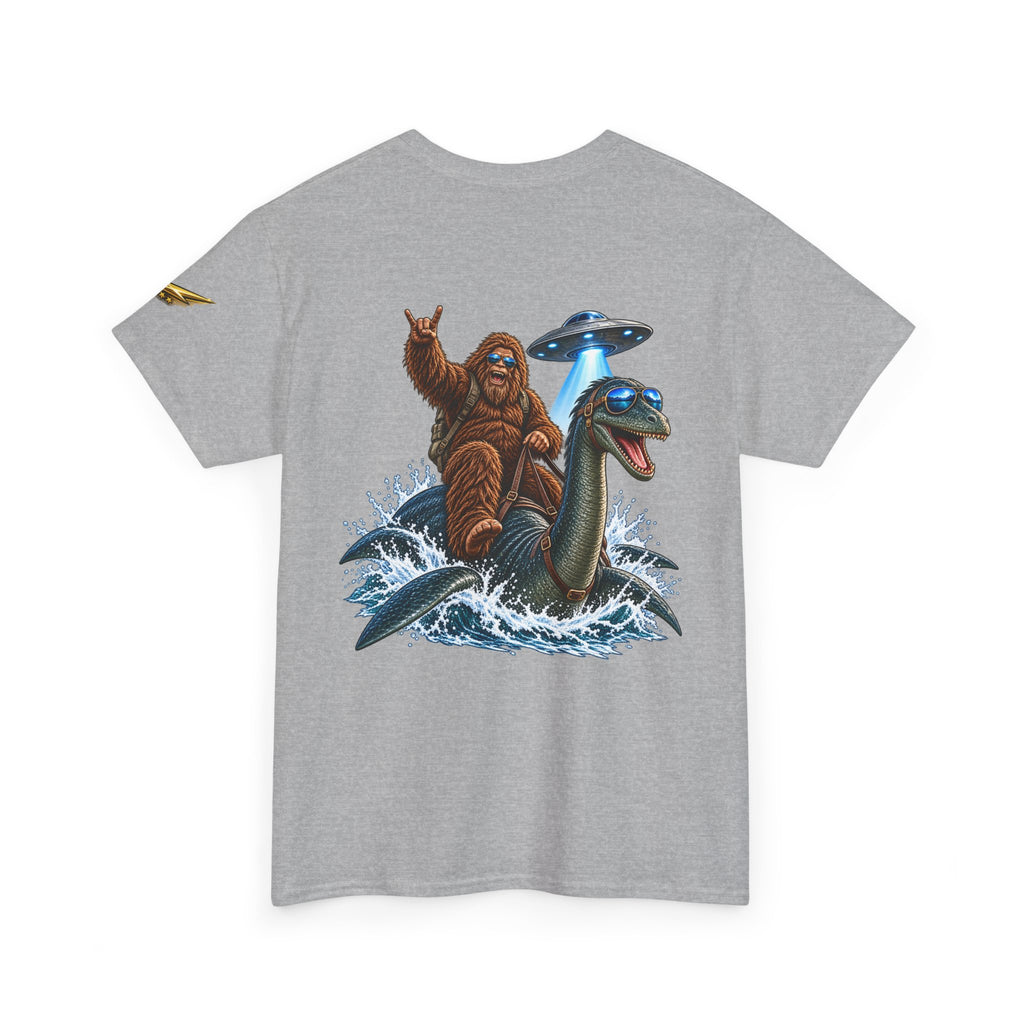 T-Shirt — Sasquatch Riding Loch Ness Monster with UFOs Graphic Tee