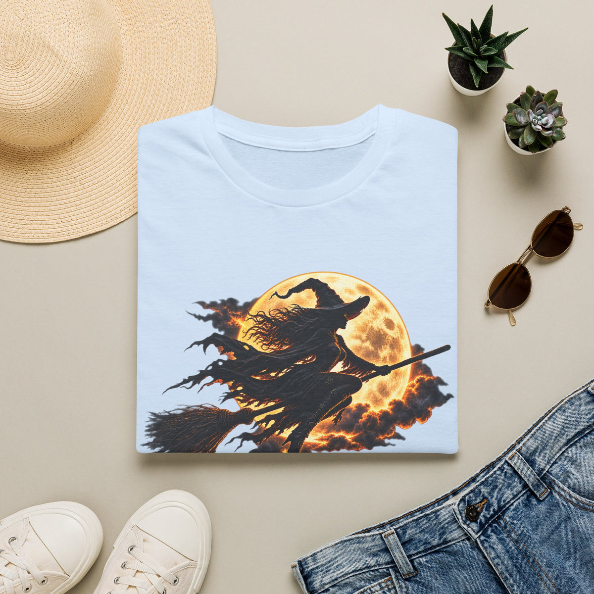 Witch Silhouette T-Shirt — Flying Witch & Full Moon Halloween Tee
