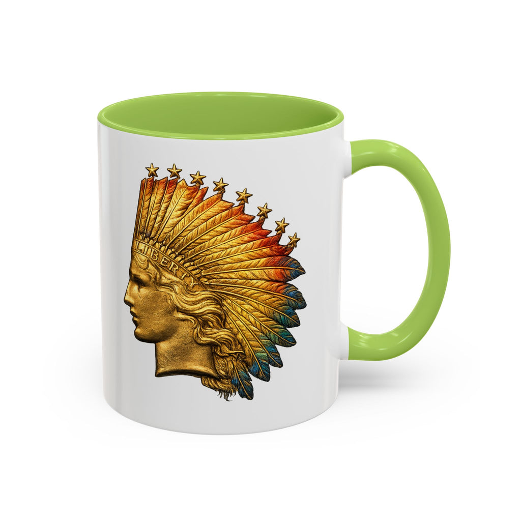 Golden Native Headdress Accent Coffee Mug – Vintage Indian Chief Design (11/15oz)