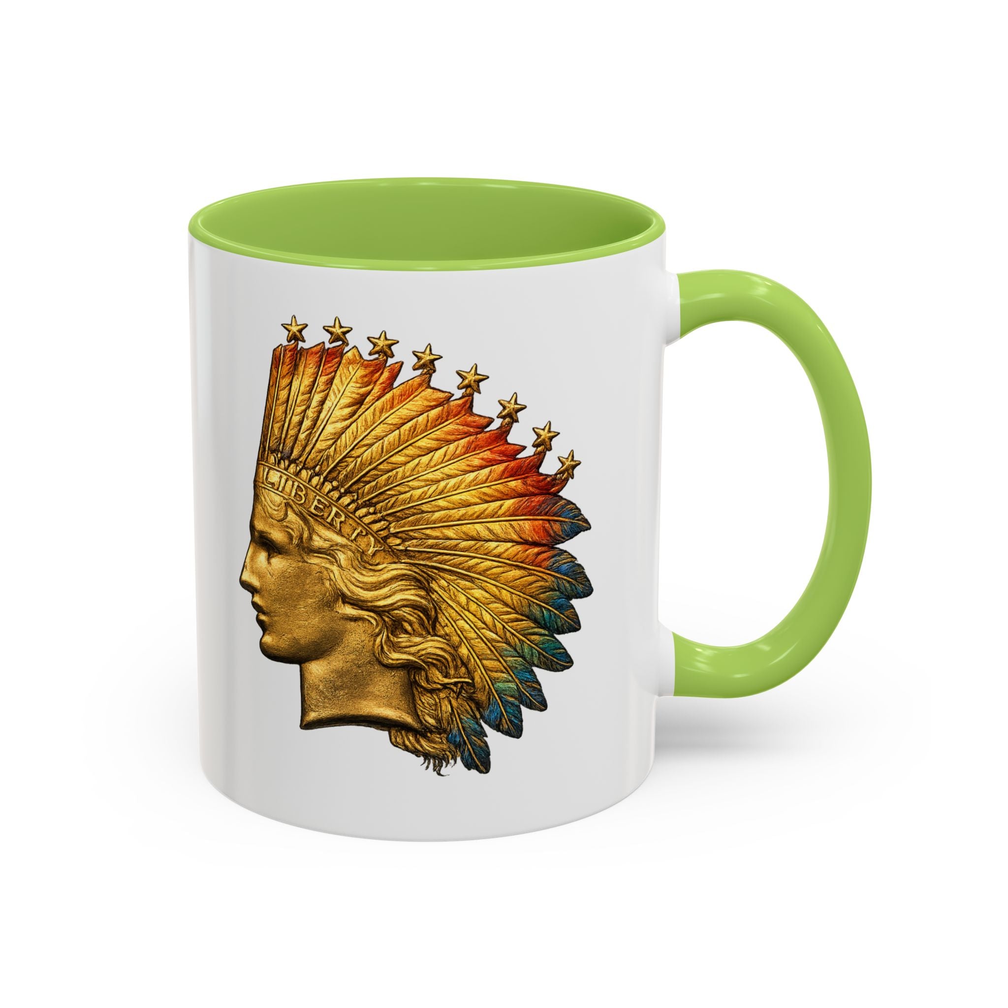 Golden Native Headdress Accent Coffee Mug – Vintage Indian Chief Design (11/15oz)