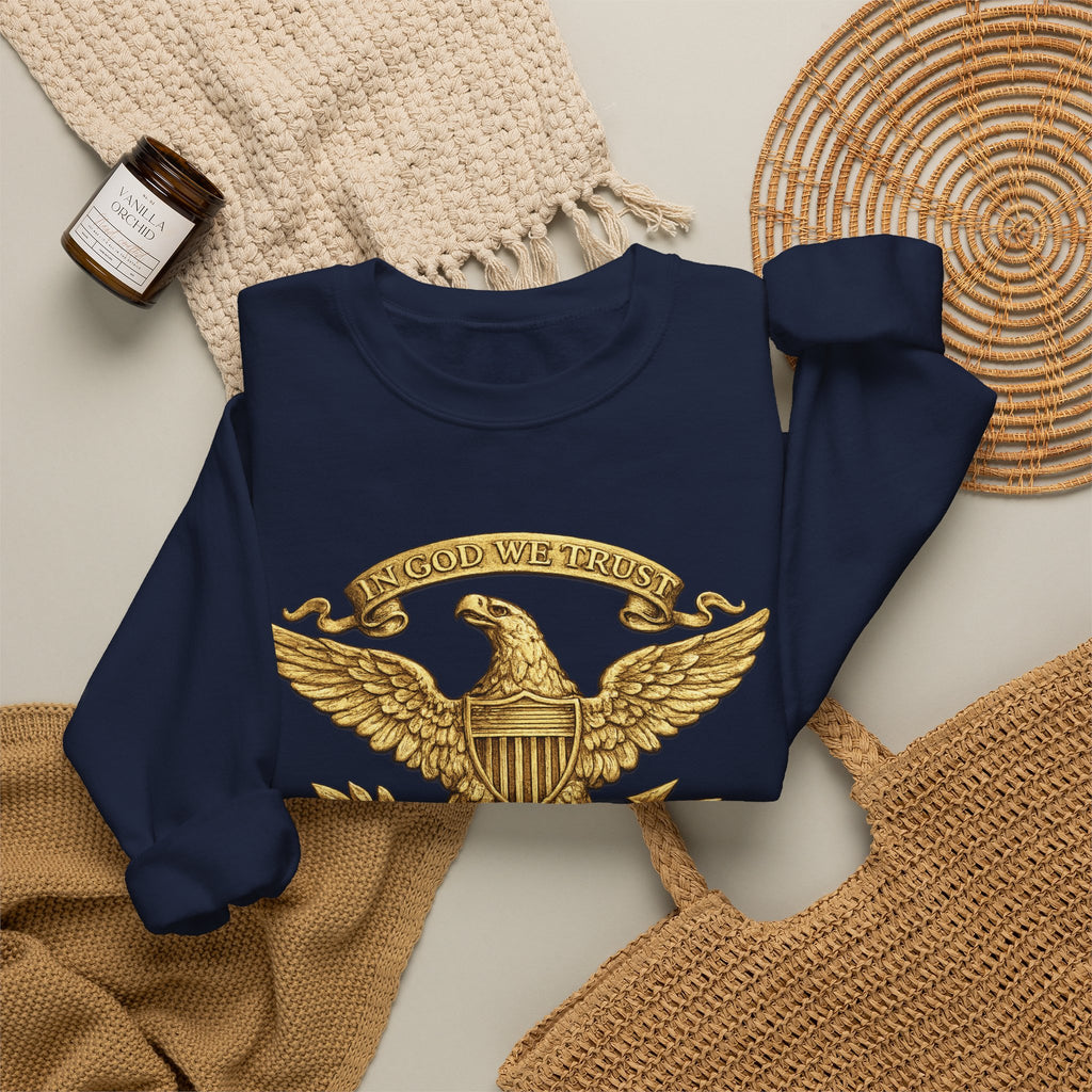 Gold Eagle Emblem Sweatshirt — ‘About We Trust’ Vintage Patriotic Crewneck