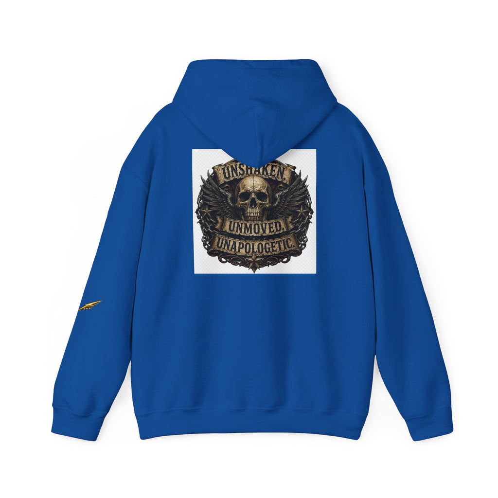 Hoodie — "Unshaken, Unmoved, Unapologetic" Skull Crest Back Print