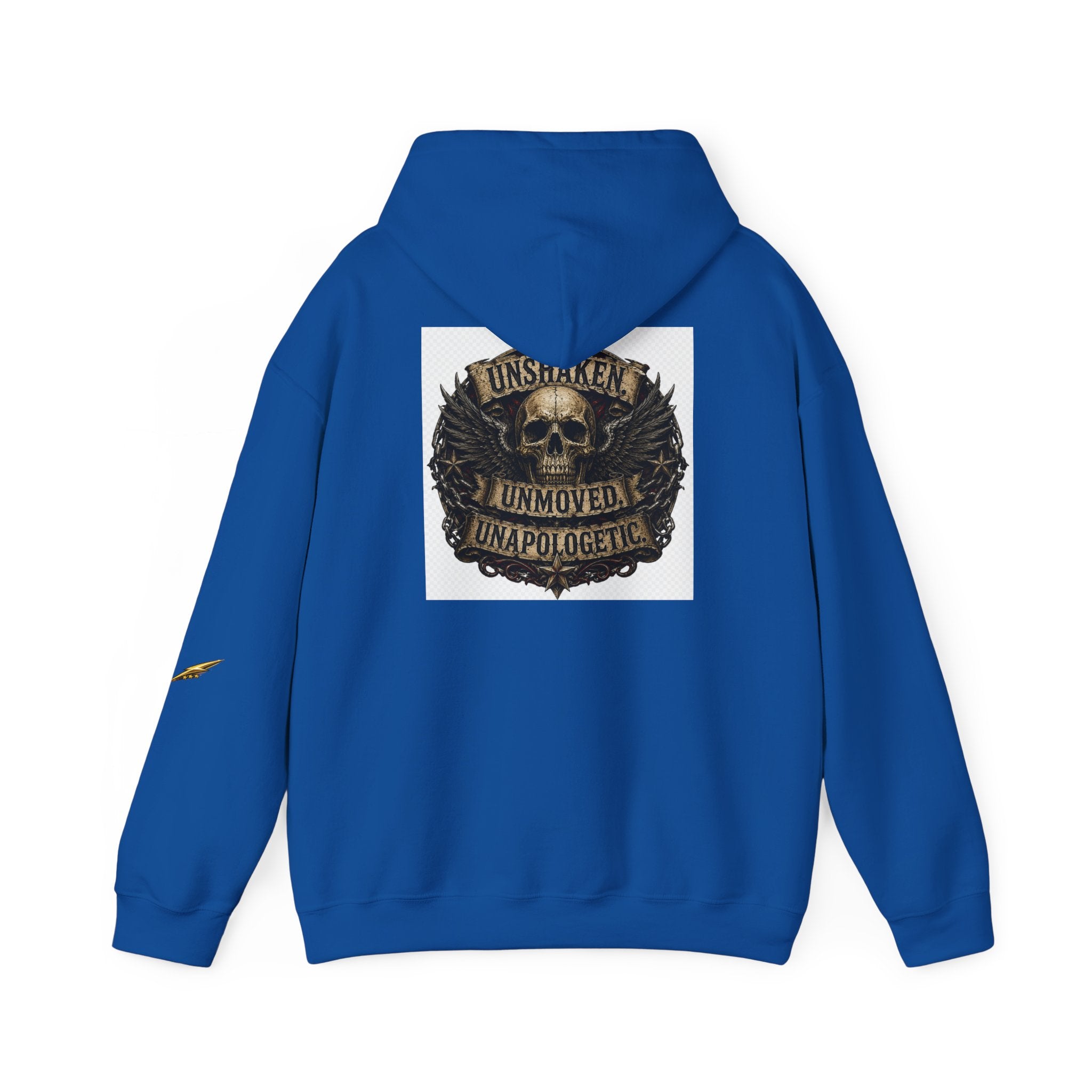 Hoodie — "Unshaken, Unmoved, Unapologetic" Skull Crest Back Print