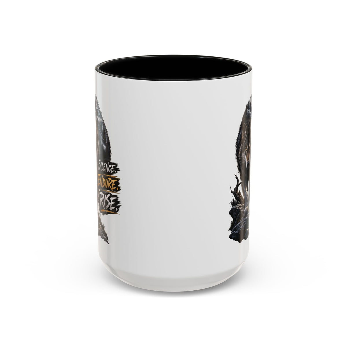 Wolf Graphic Coffee Mug — "Silence Endure Rise" Accent Ceramic Mug (11/15oz)