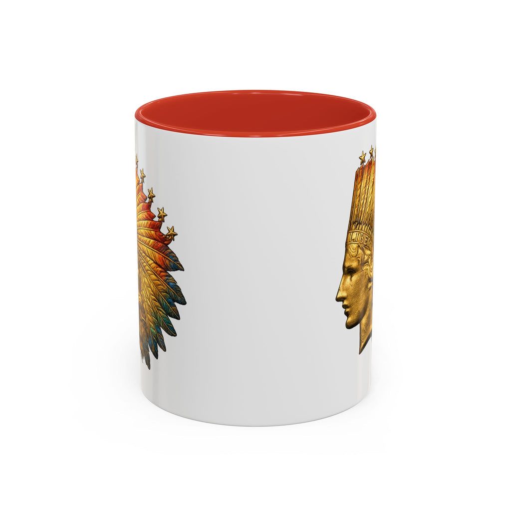 Golden Native Headdress Accent Coffee Mug – Vintage Indian Chief Design (11/15oz)