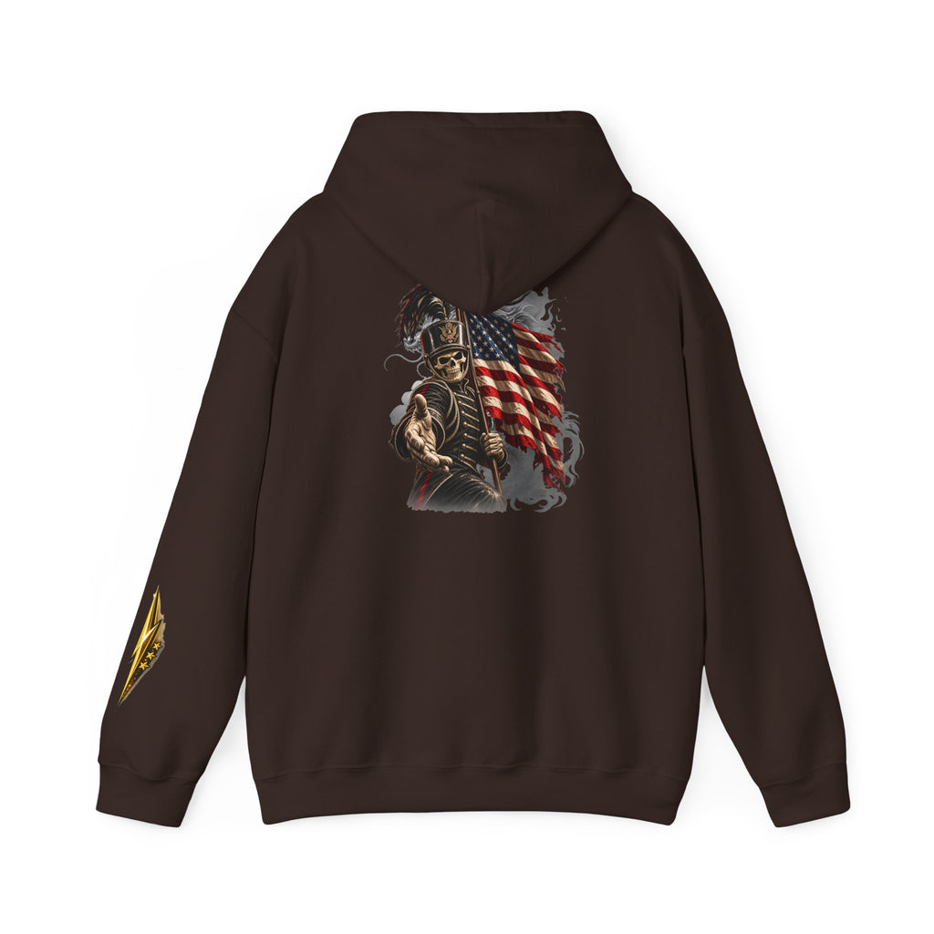 Patriotic Warrior Hoodie — American Flag Skull Back Graphic