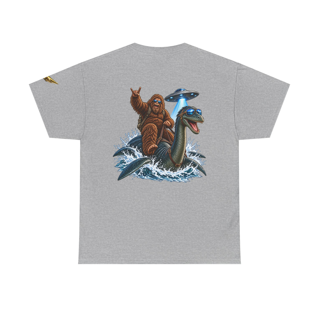 T-Shirt — Sasquatch Riding Loch Ness Monster with UFOs Graphic Tee