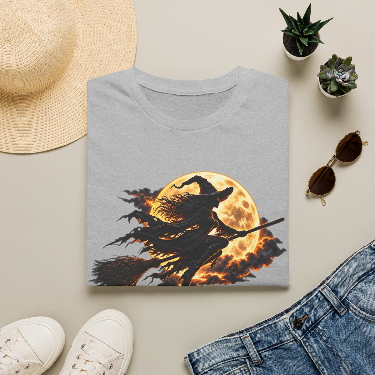 Witch Silhouette T-Shirt — Flying Witch & Full Moon Halloween Tee