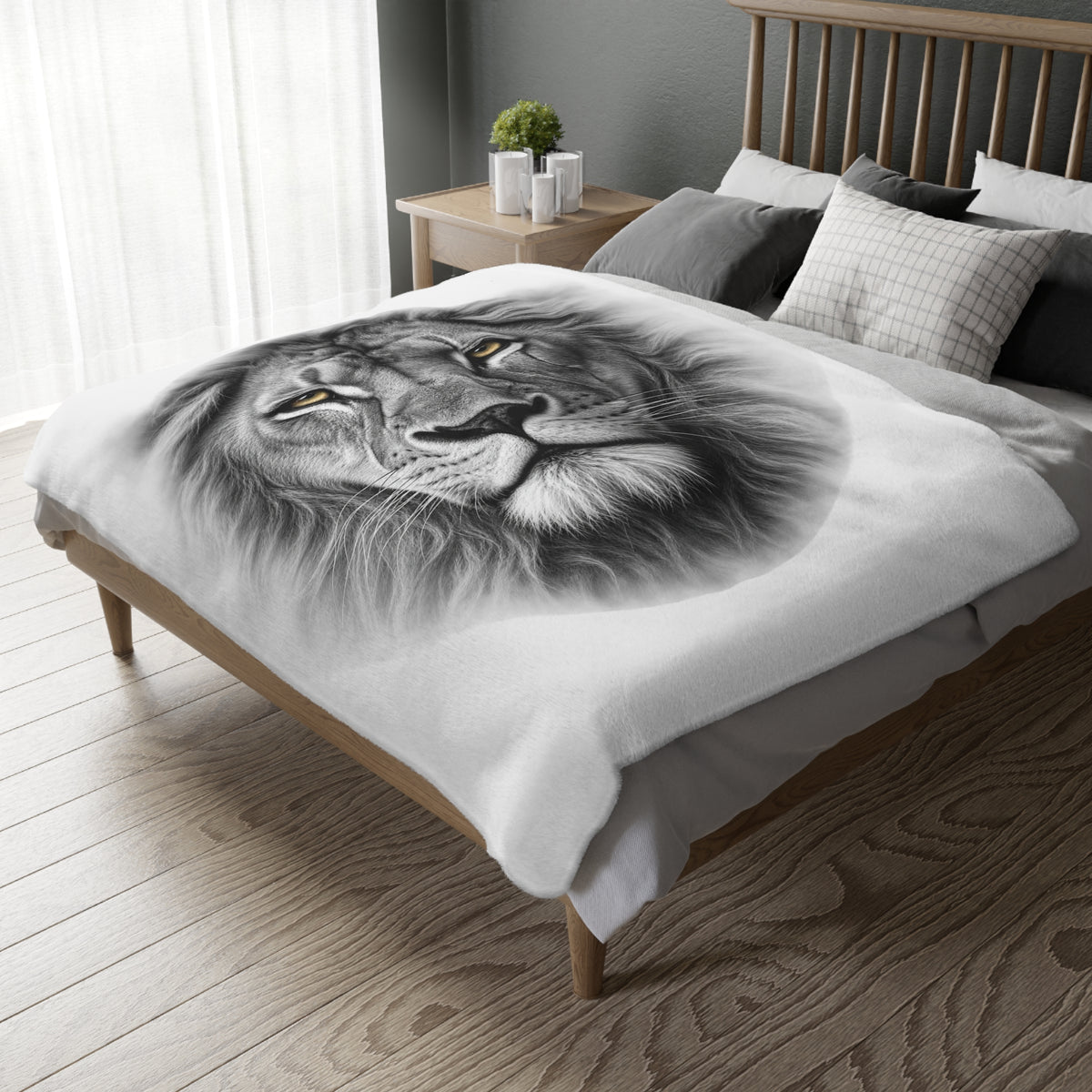Lion Portrait Microfiber Blanket — Realistic Black & White Lion Face Throw