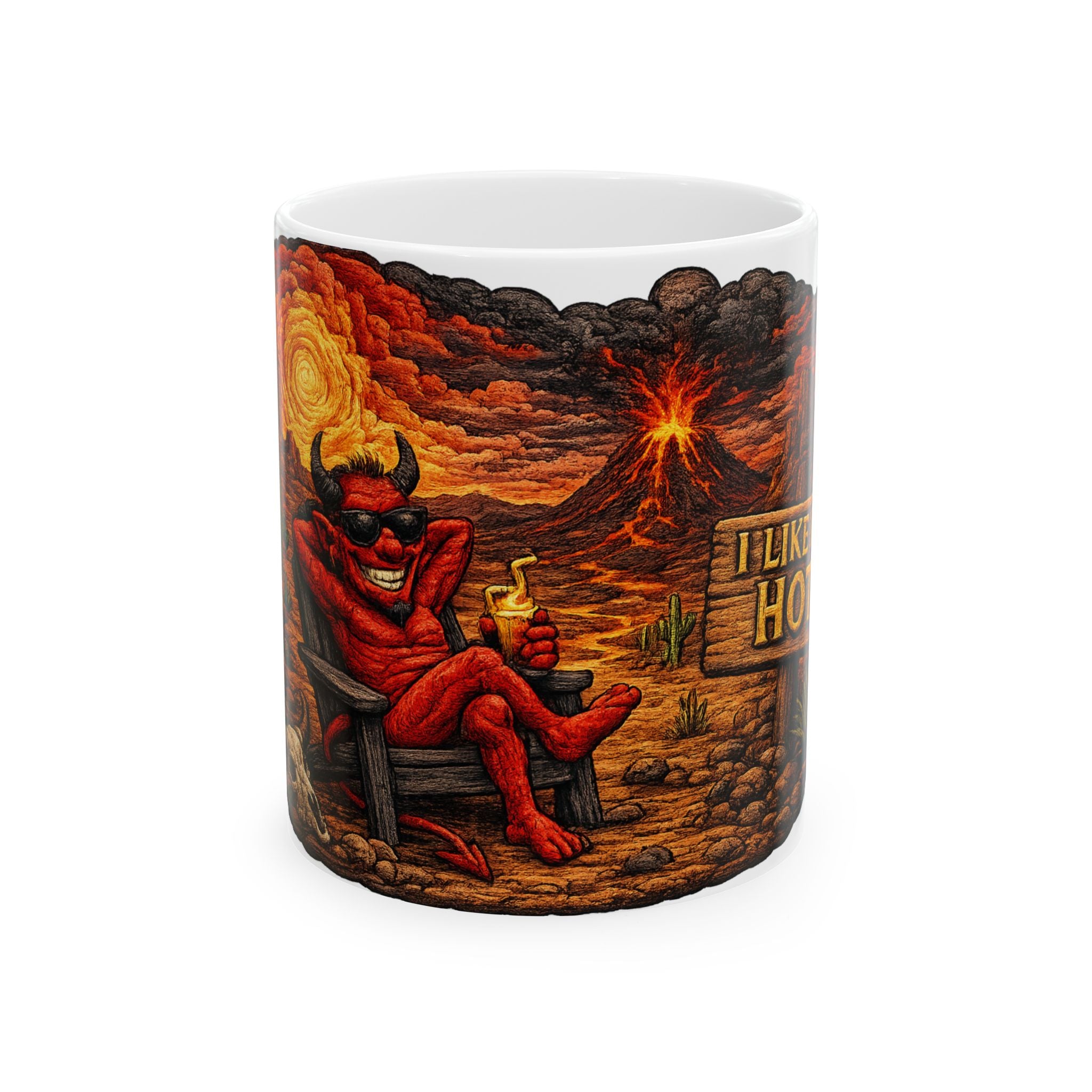 Devil Vacation Ceramic Mug — 'I Like It Hot' Volcano Coffee Tea Cup (11oz/15oz)